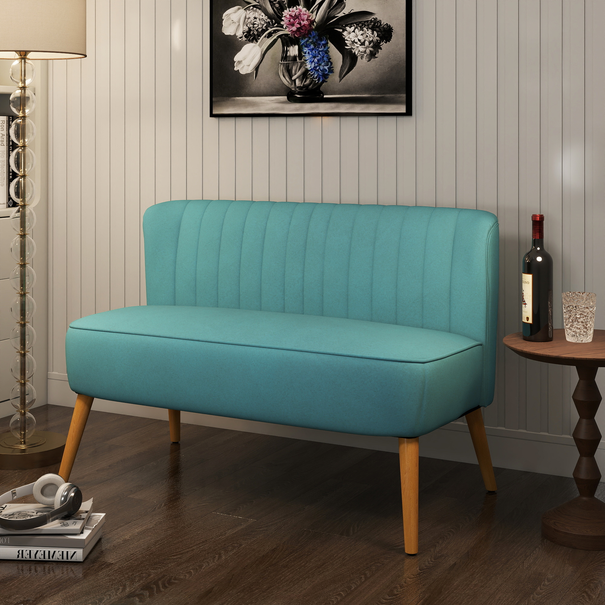 Sofa Retrodesign 2-Sitzer-Sofa, Holzbeine, 117 cm x 56,5 cm x 77 cm, Grün