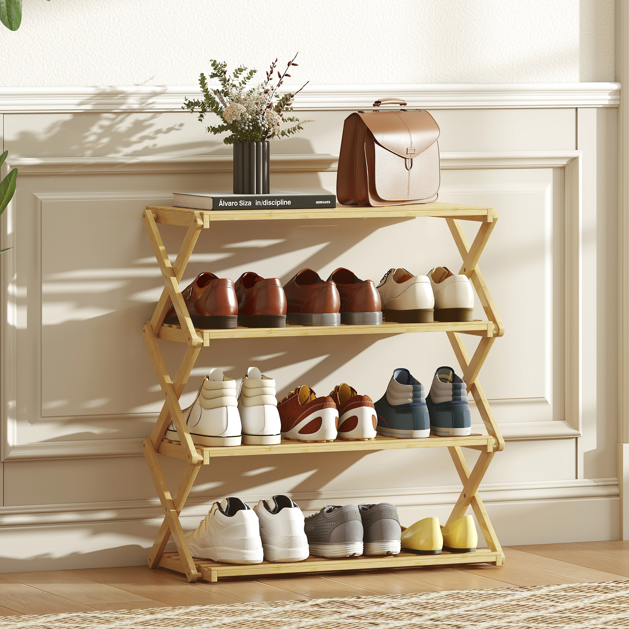 Schuhregal mit 4 Ebenen, Schuhablage aus Bambus,für bis zu 12 Paar Schuhe, für Eingang, Flur, 60 x 29 x 67 cm, Natur