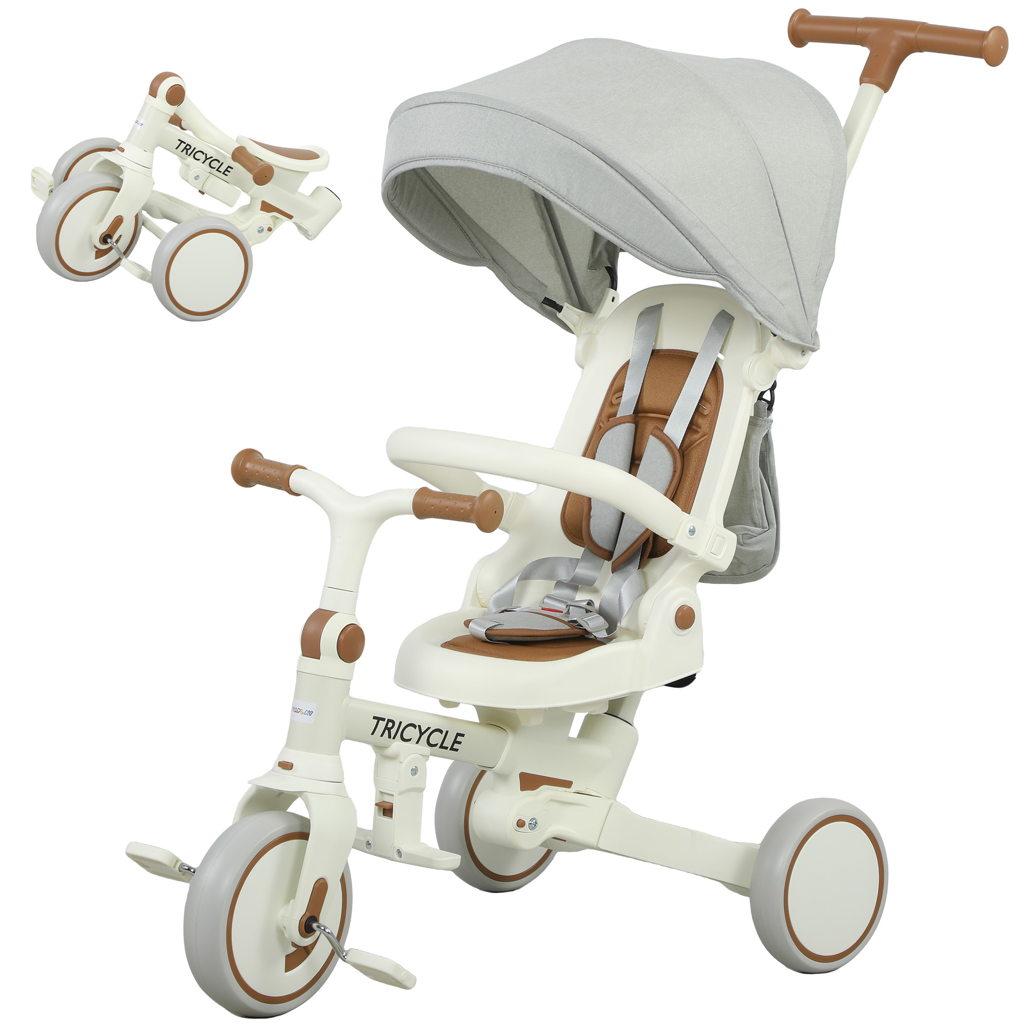Kinder-Dreirad, wandelbarer Baby-Buggy, 5-in-1 Design, abnehmbarer Schiebegriff, verstellbar, Sicherheitsgurt, Aufbewahrungstasche, 1-3 Jahre, Cremeweiß Kinder-Dreirad, wandelbarer Baby-Buggy, 5-in-1 Design, abnehmbarer Schiebegriff, verstellbar, Sicherheitsgurt, Aufbewahrungstasche, 1-3 Jahre, Cremeweiß