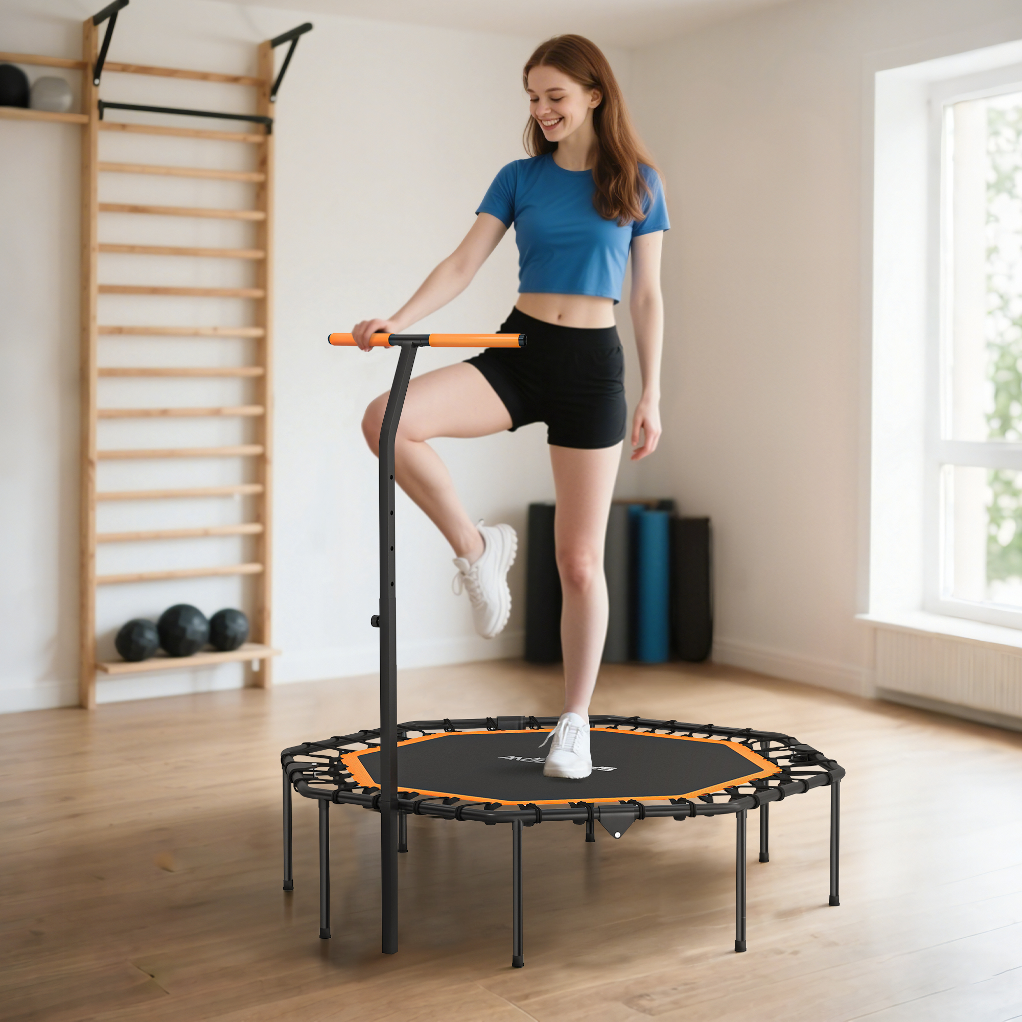 Fitness-Trampolin, Trainingstrampolin mit verstellbarem Haltegriff, stabil und leise, für drinnen, Stahl, Orange