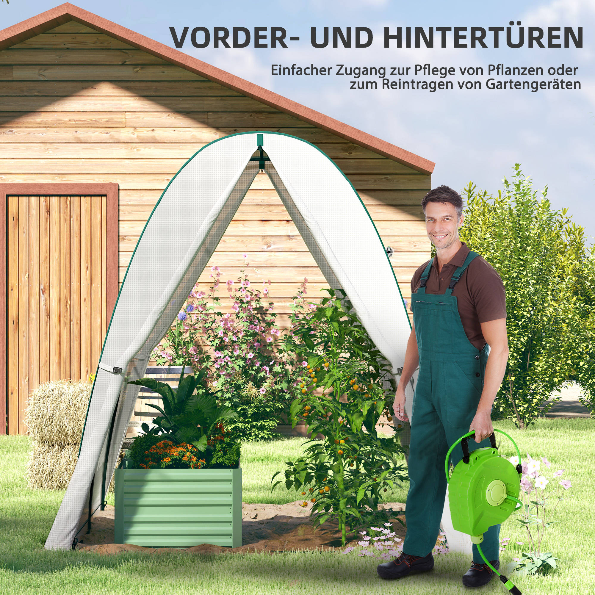 Bogen-Gewächshaus mit Sandsäcken und Kunststoff-Abdeckung, 2 Rolltüren, Netzfenster, tragbar, 1,8 x 1,8 x 2 m, Weiß