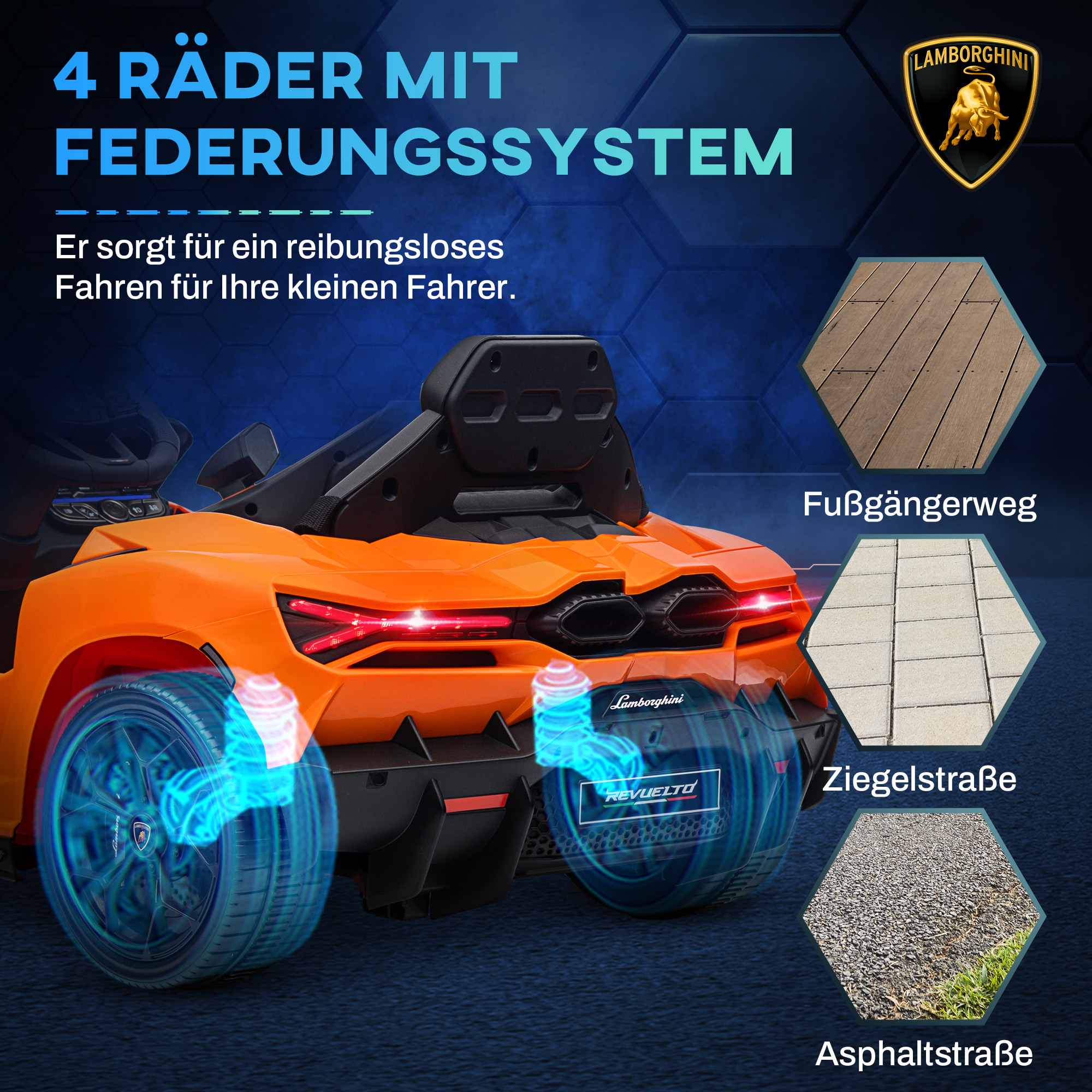 Elektroauto für Kinder von 3-5 Jahren, sanfter Antrieb, fernsteuerbar, mit Hupe, Kunststoff und Metall, Orange