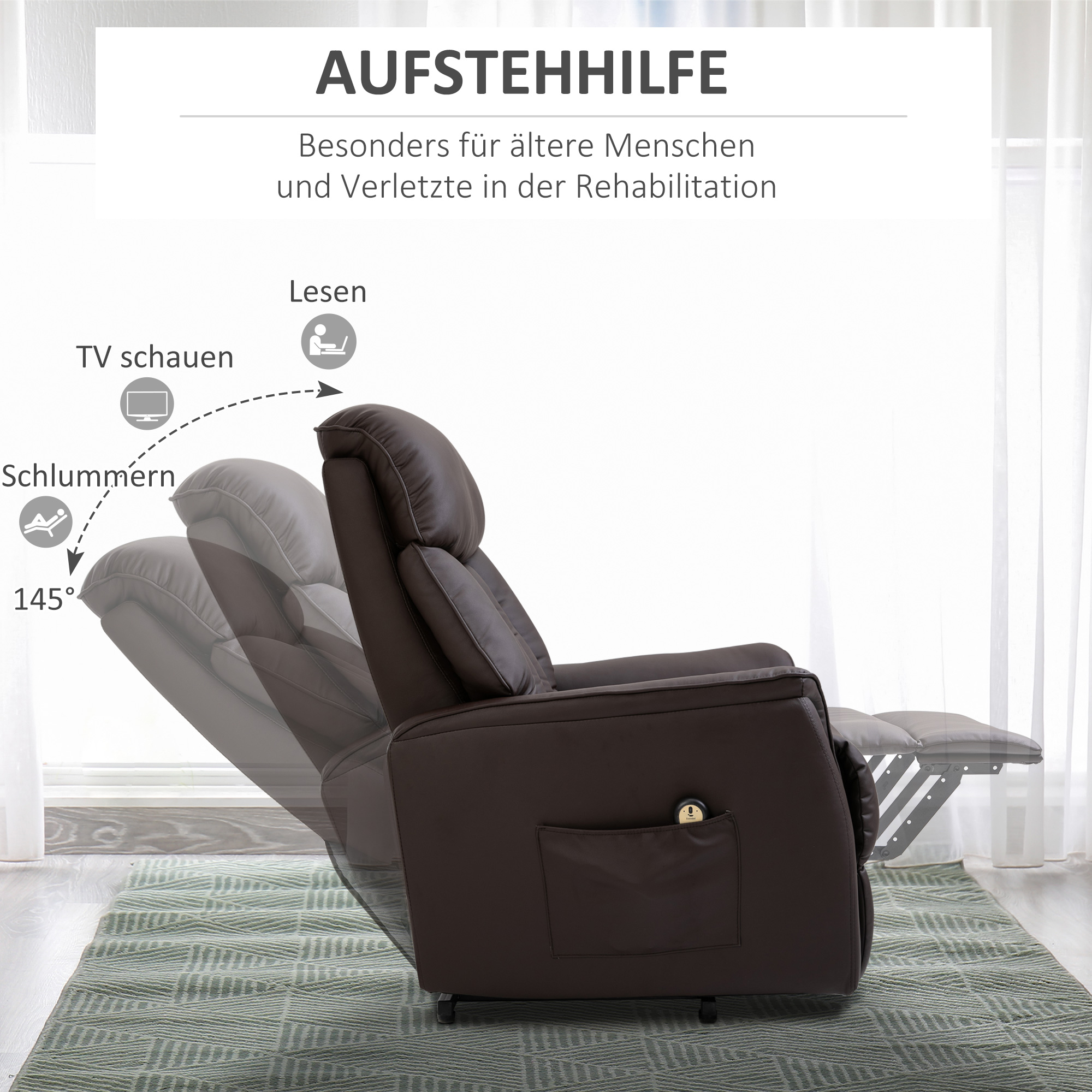 Relaxsessel Elektrisch Fernsehsessel mit Aufstehhilfe, Liegefunktion, TV Sessel mit Fußteil, Seitentasche, Fernbedienung, für Wohnzimmer, bis 150 kg, Kunstleder, Braun
