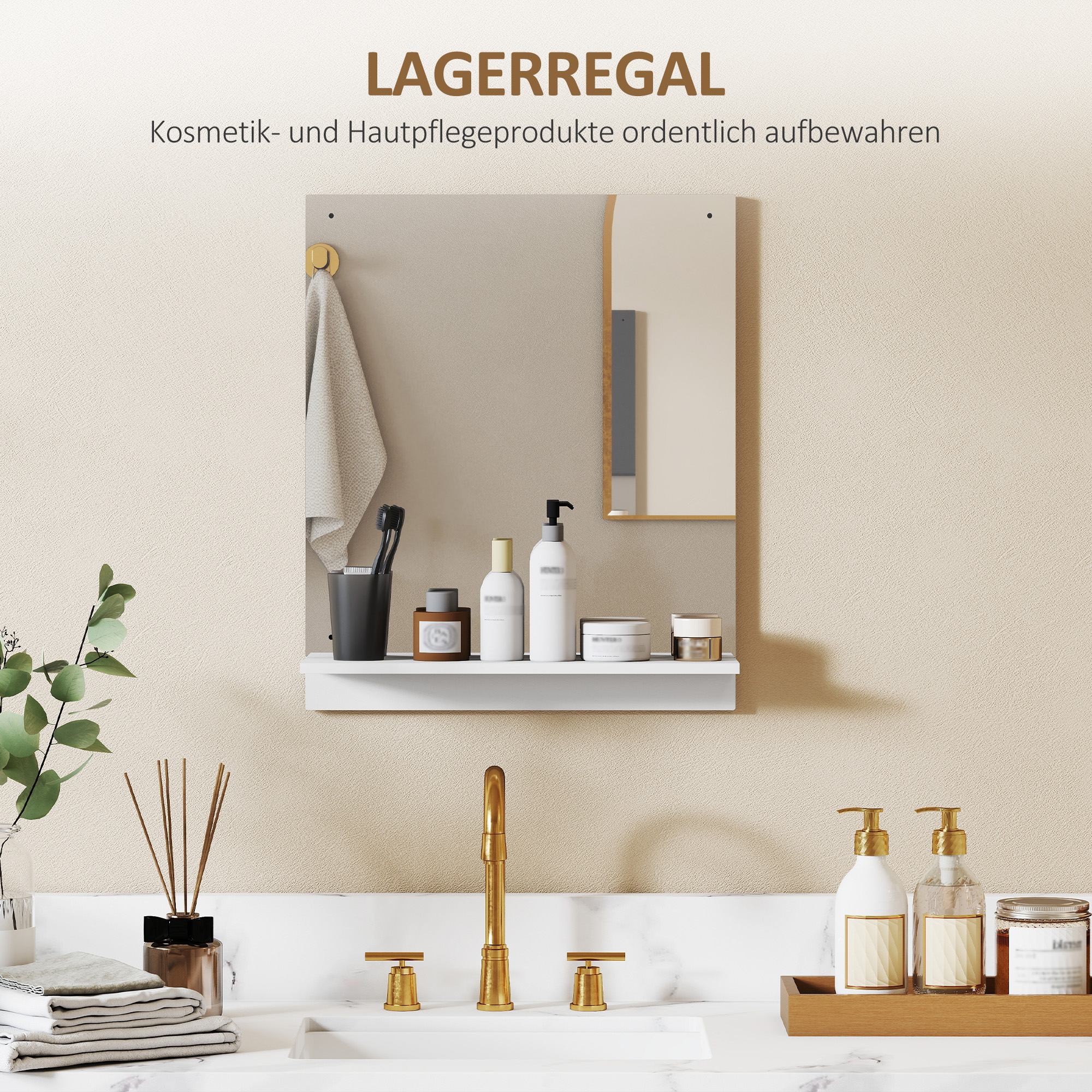 Badspiegel 50 x 60 cm Wandspiegel mit Regal, Badezimmerspiegel für Eingangsbereich, Flur, Weiß