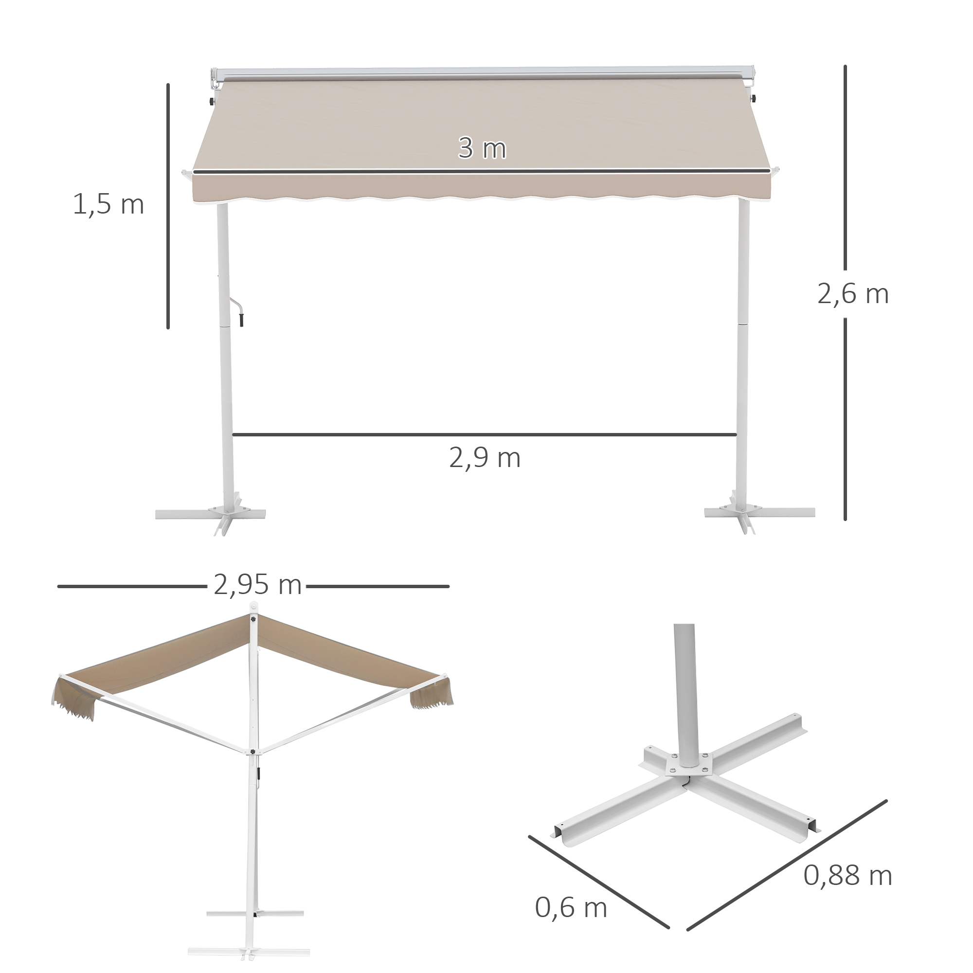 Standmarkise Gartenmarkise Markise mit Faltarm Kurbel Terrasse Creme 3x3m