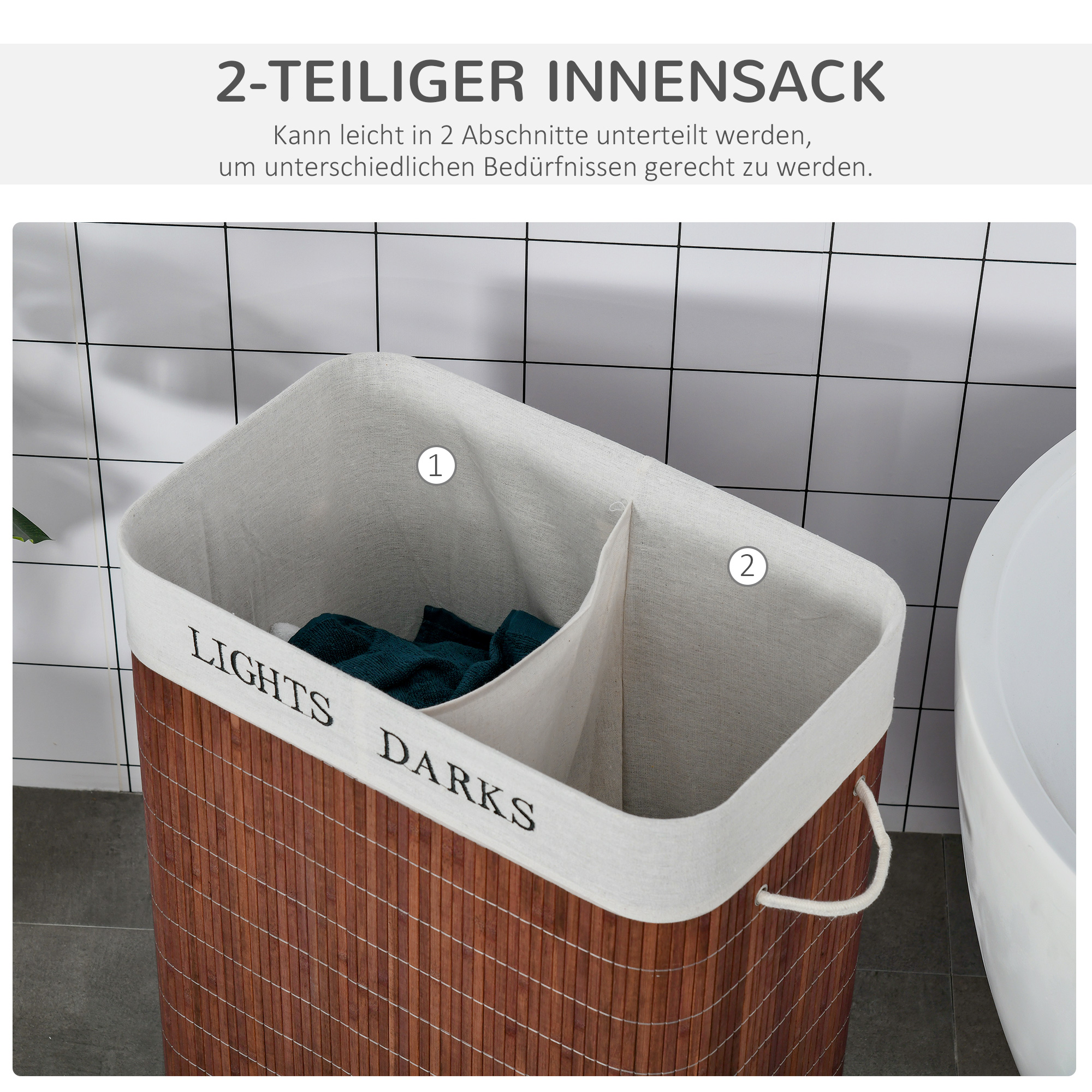 Bambus Wäschekorb schmal mit Deckel 100L Wäschesammler mit Griffen, 2 herausnehmbarer Wäschesack, Laundry Baskets Wäschebox für Waschküche, Schlafzimmer, Badezimmer Braun