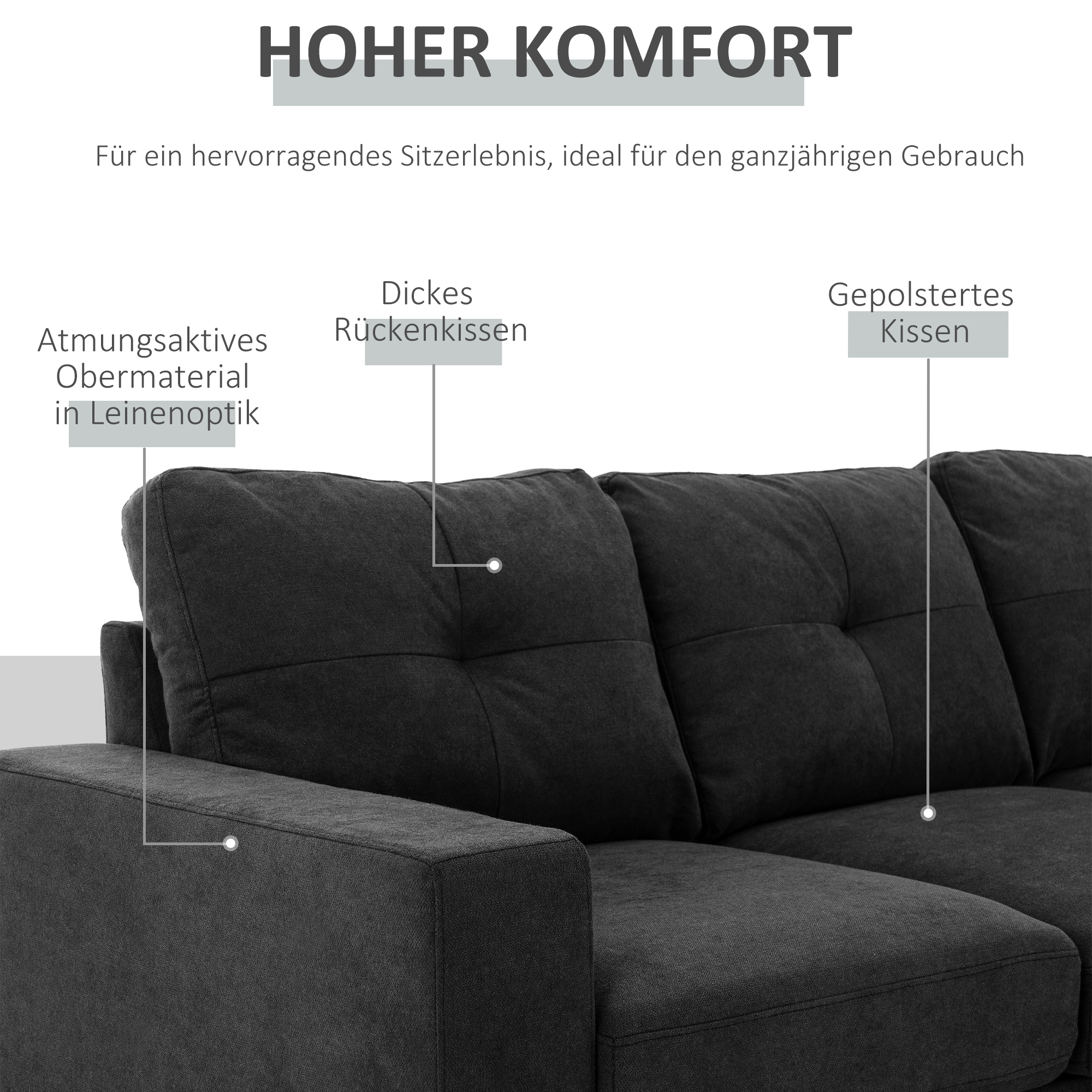 3-Sitzer-Sofa Sofa Couch Ecksofa, mit Chaiselongue, Knopfheftung, 193 x136 x 85 cm, Schwarz