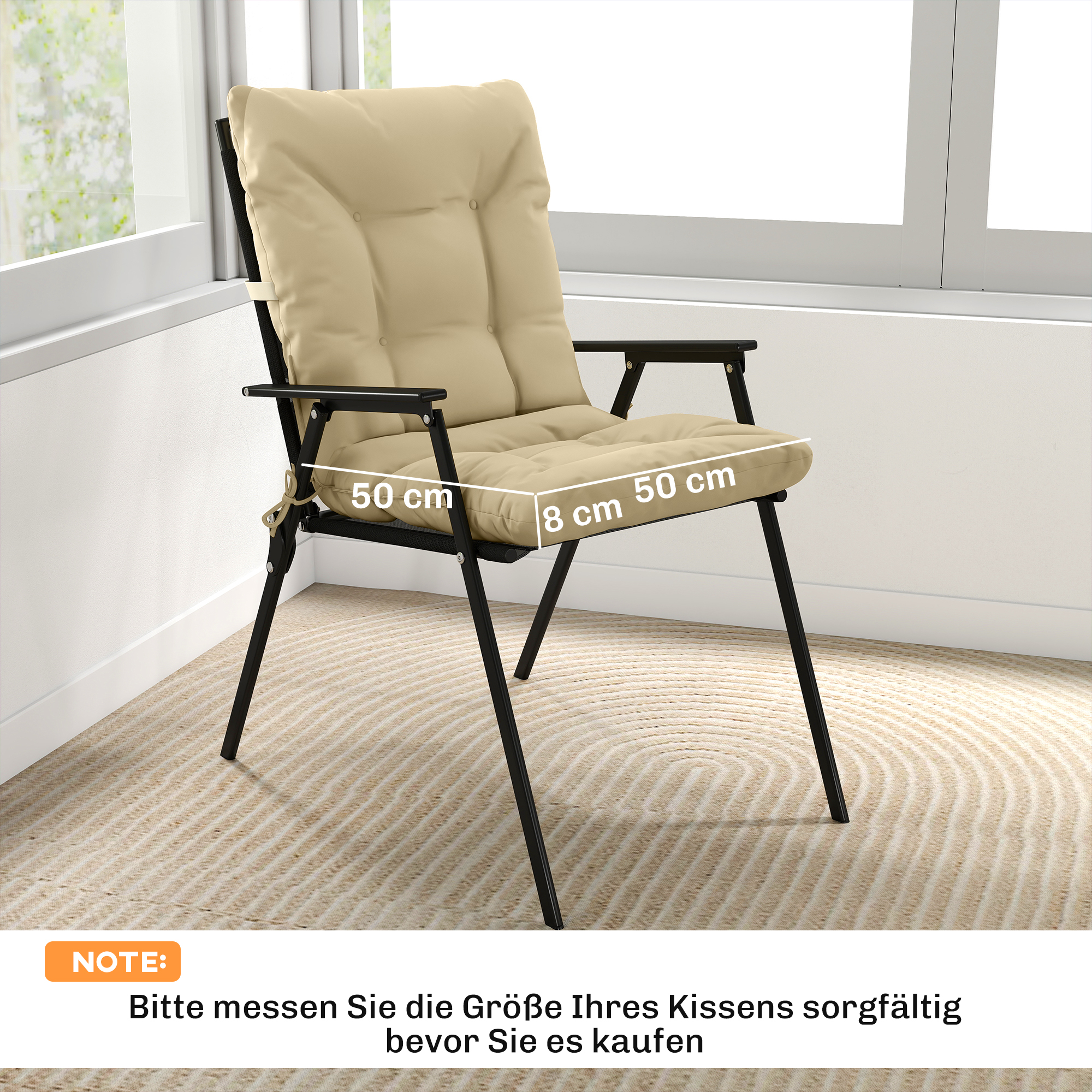 Outdoor-Sitzkissen mit Rückenlehne und Bändern, wasserabweisende Polster für drinnen und draußen, Beige