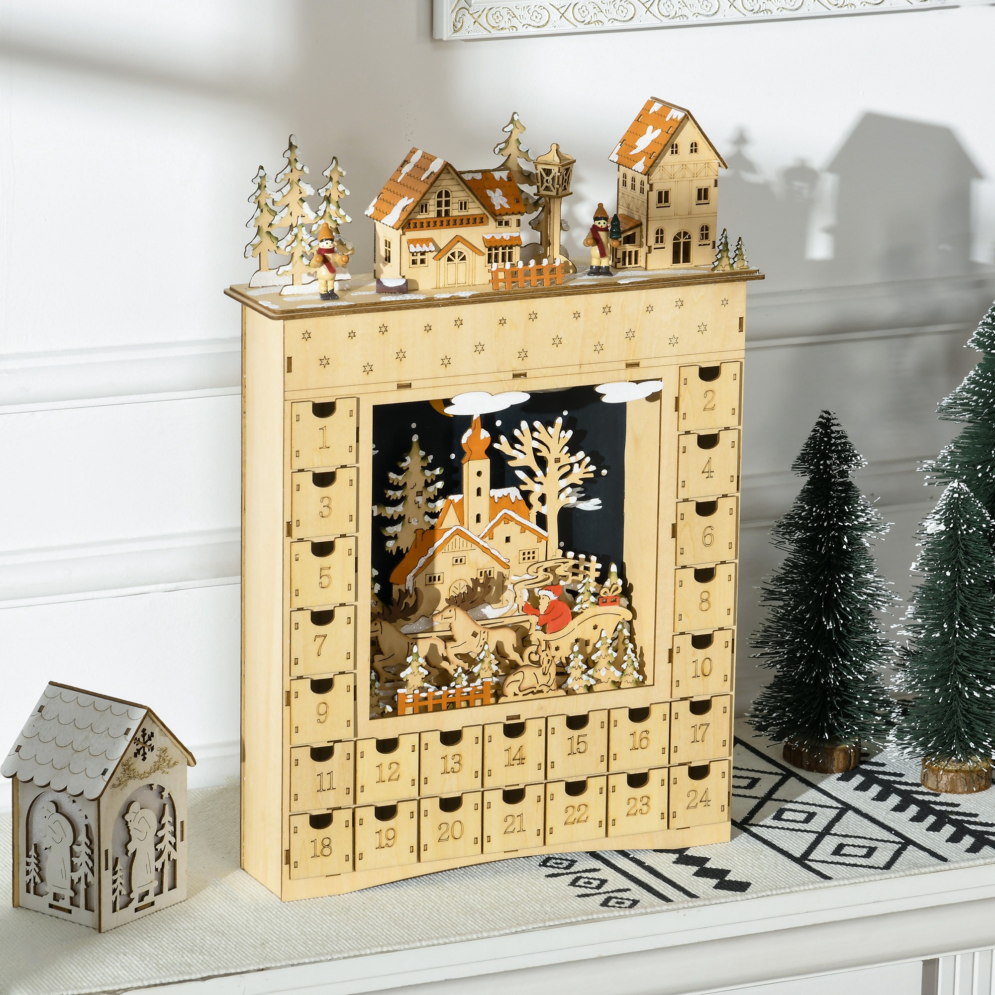 Adventskalender zum Befüllen 24 Schubladen Fächer Weihnachtskalender mit LED-Lichtern Naturholz 36 x 9 x 52 cm