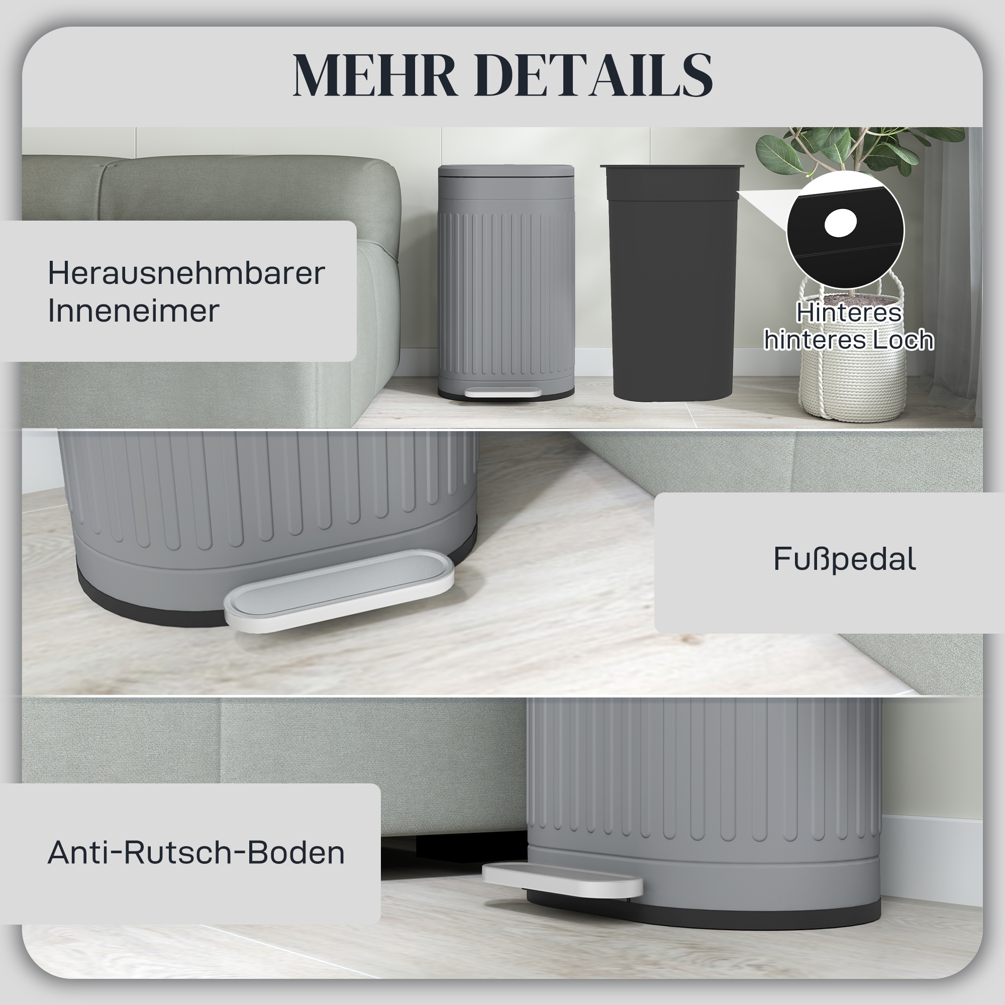 Mülleimer 30L Treteimer mit Deckel Fußpedal herausnehmbarem Inneneimer Soft-Close-Funktion 36,5 x 31,2 x 60,8 cm, Grau