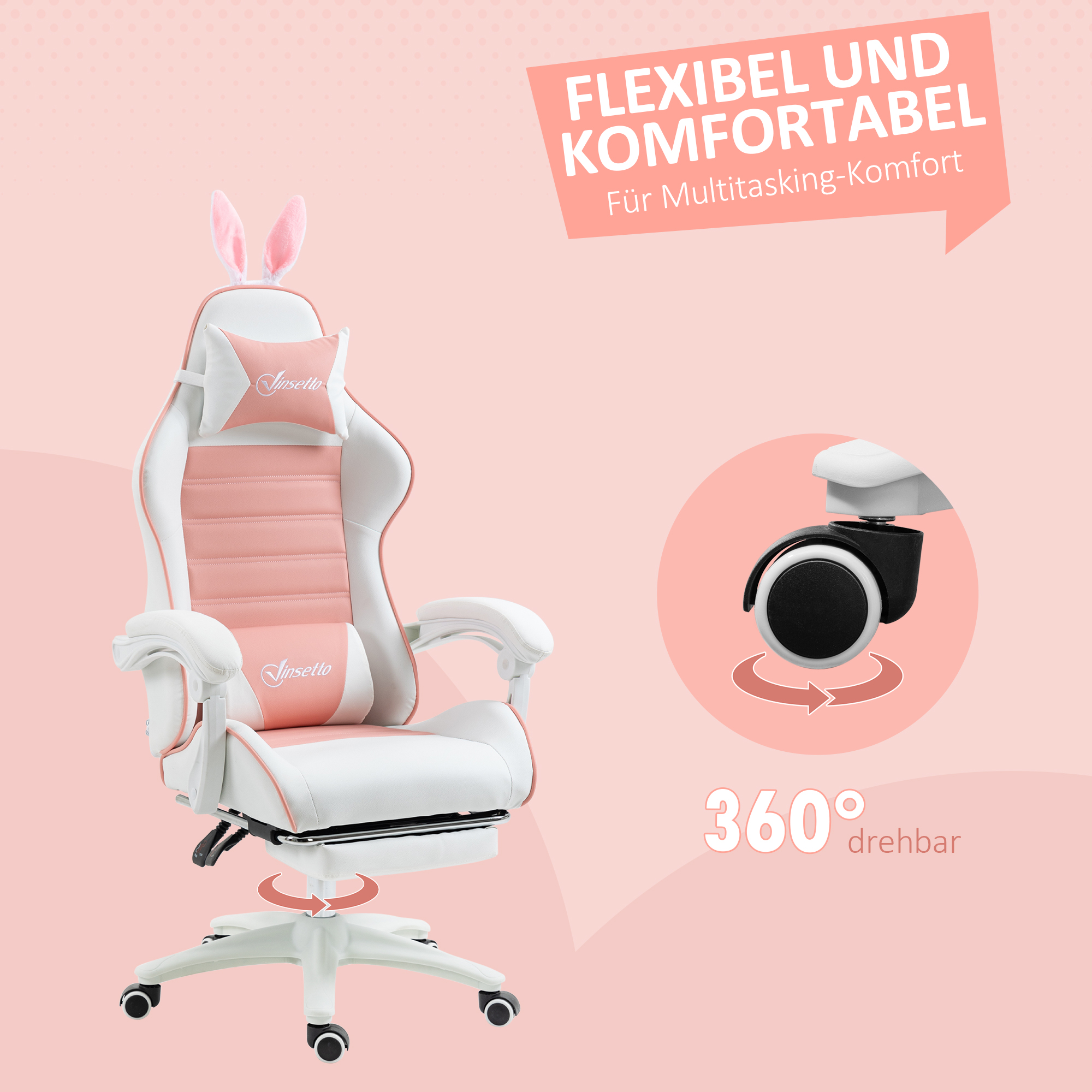 Gaming Stuhl Ergonomischer Gamer Stuhl mit Lendenwirbelstütze, Fußstütze Hasenohren Kopfkissen Rosa