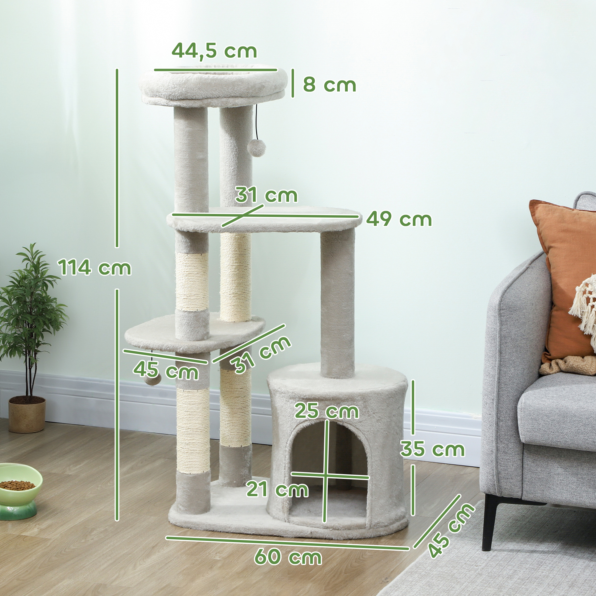 Kratzbaum 114 cm Katzenturm mit Höhle, Sisalstämme, Plattform, mehrstöckig ür mittelgroße Katzen unter 6 kg, Hellgrau