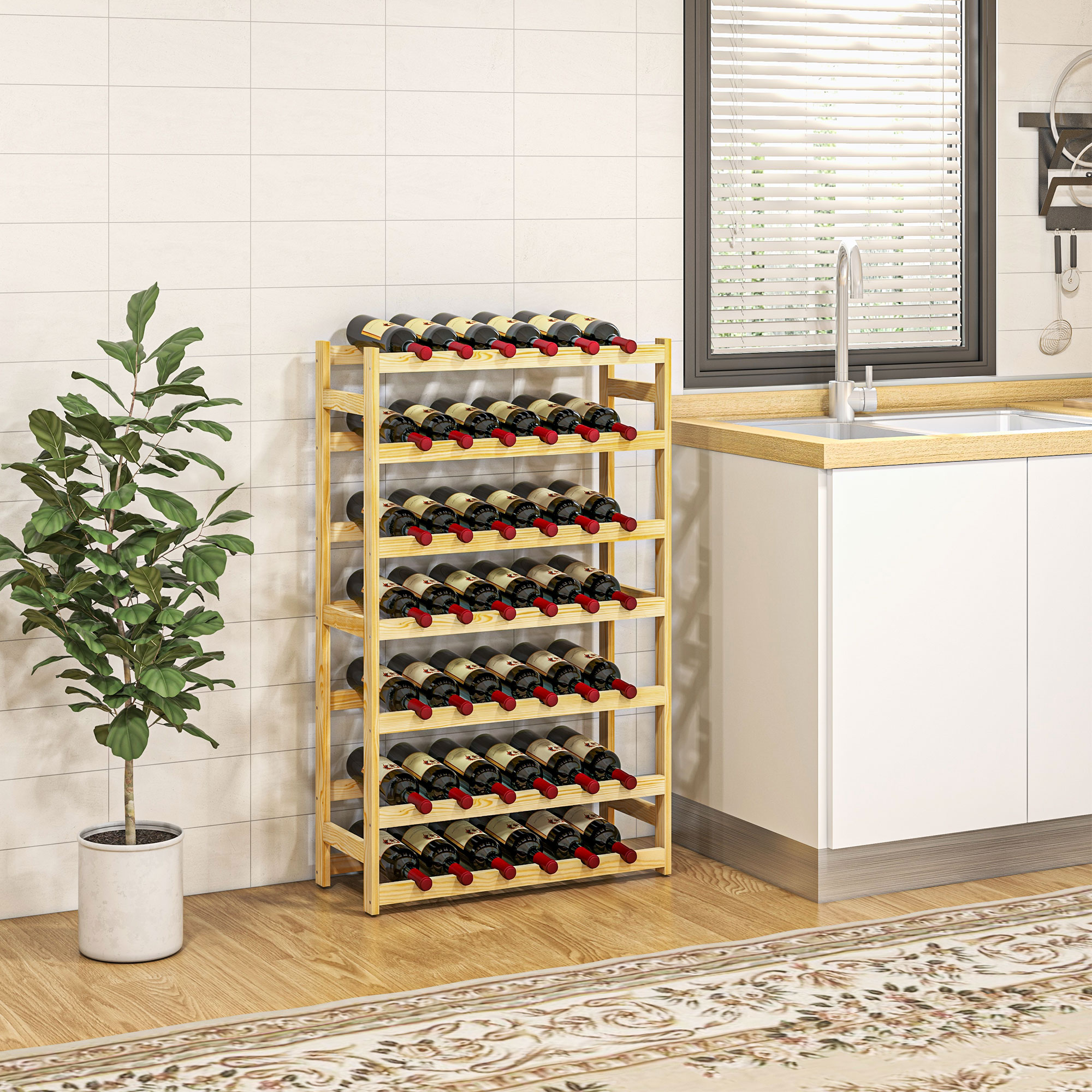 Weinregal, 7 Etagen, für 42 Flaschen, Kippschutz, Kiefernholz, 63x25x102cm, Natur