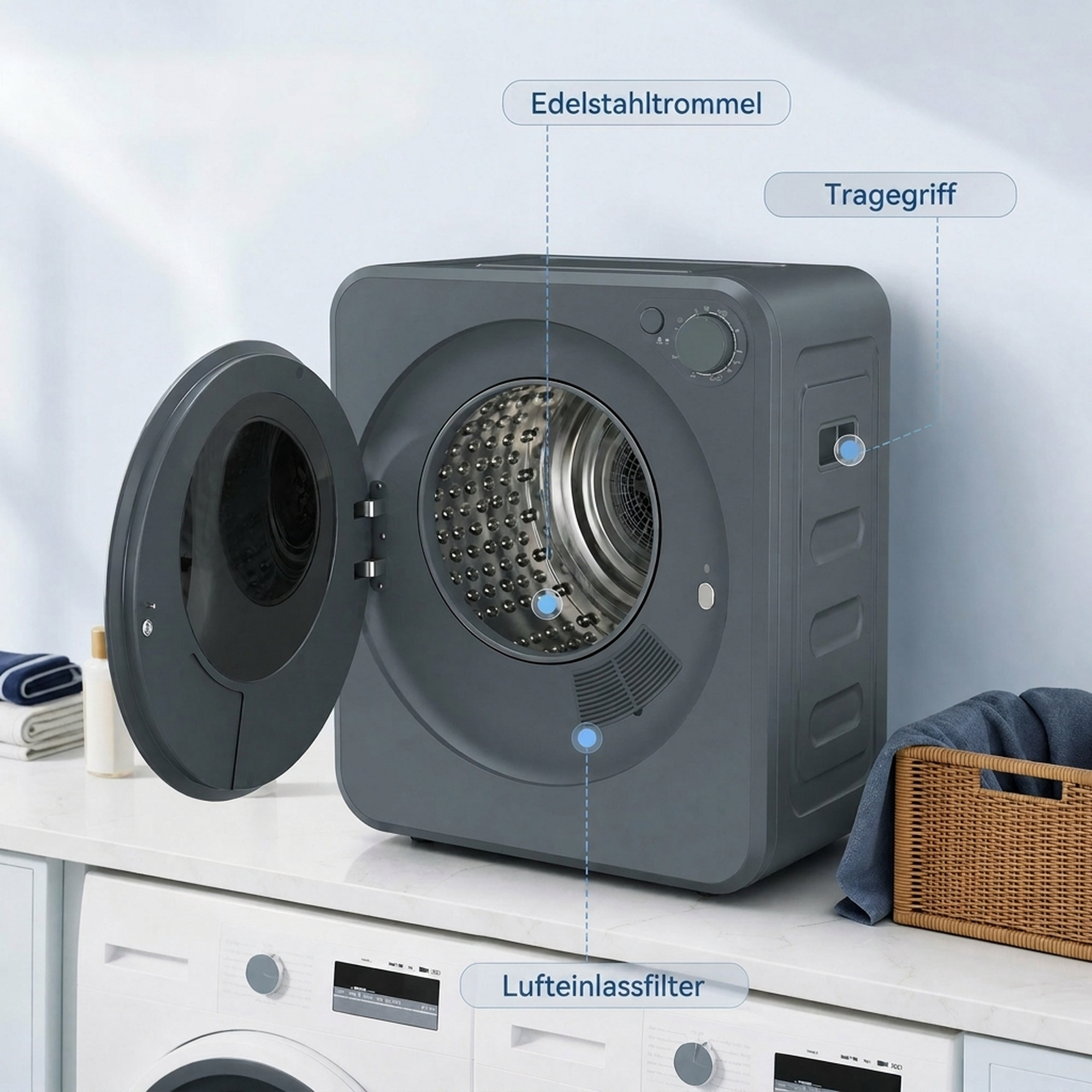 Mini Wäschetrockner 4 kg mit 5 Programme bis zu 60℃ 800W/400W Ablufttrockner mit Edelstahltrommel Grau