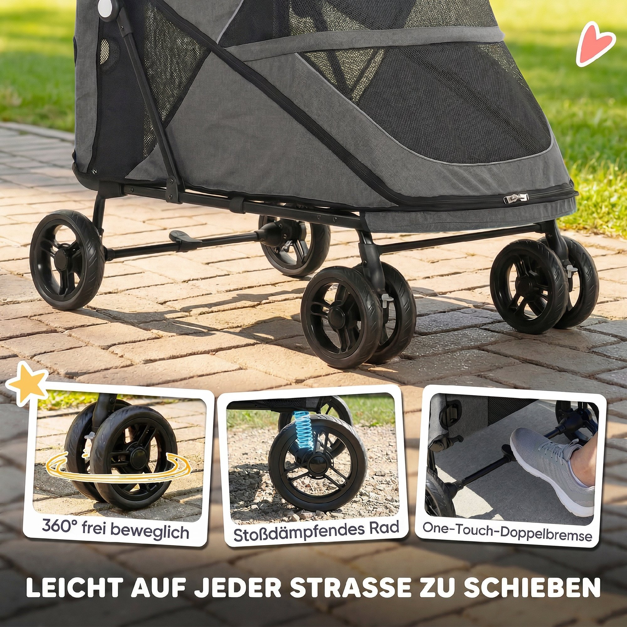 Hundewagen Faltbar Hundebuggy für große Hunde bis 30 kg mit 360°Drehrädern Netzfenster Kissen Verstellbarer Griff Grau