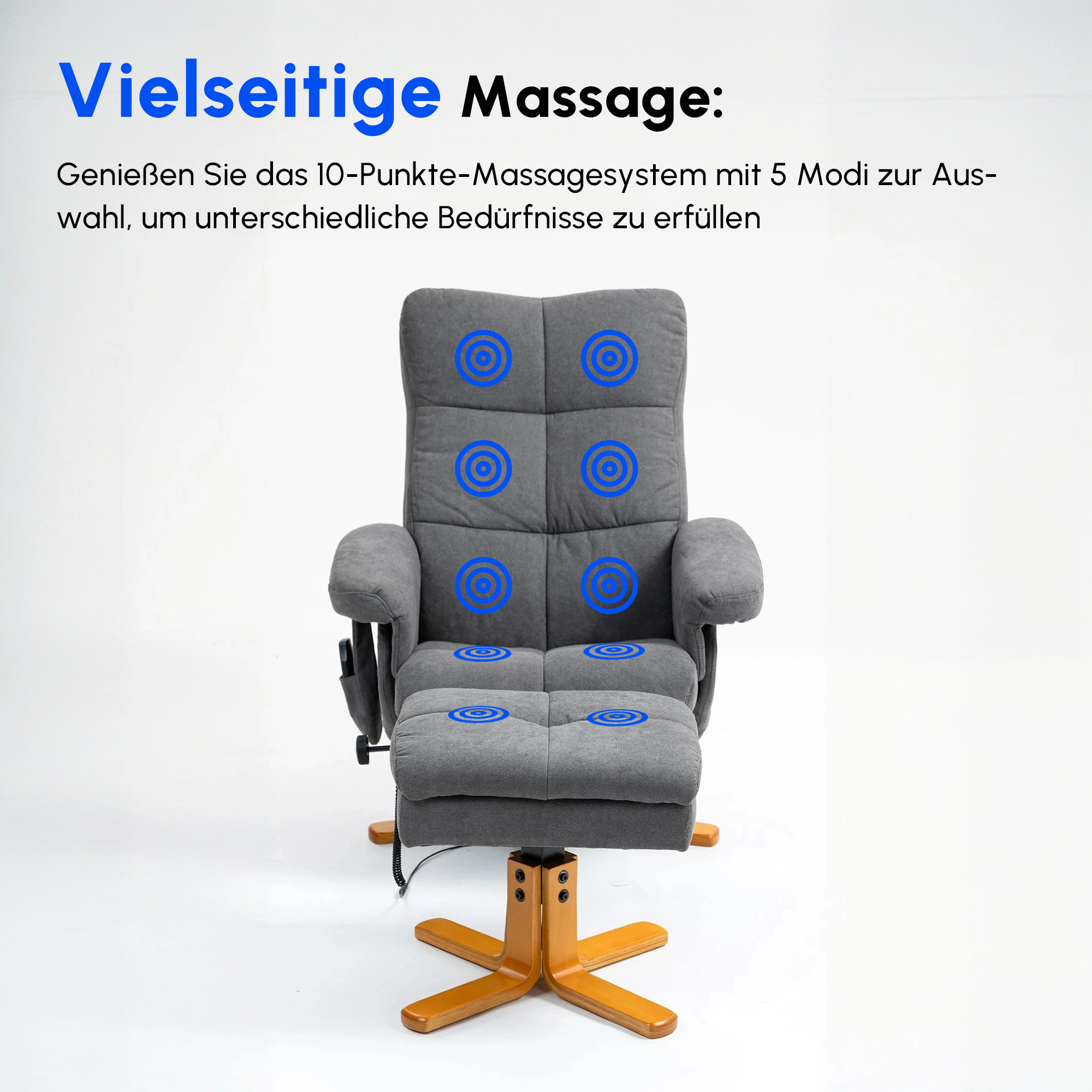 Relaxsessel mit Fußhocker, Stauraum, Elektrischer Massagesessel mit Liegefunktion, Drehbarer Fernsehsessel mit Seitentasche, Fernbedienung, Holzrahmen, Polyester, Dunkelgrau