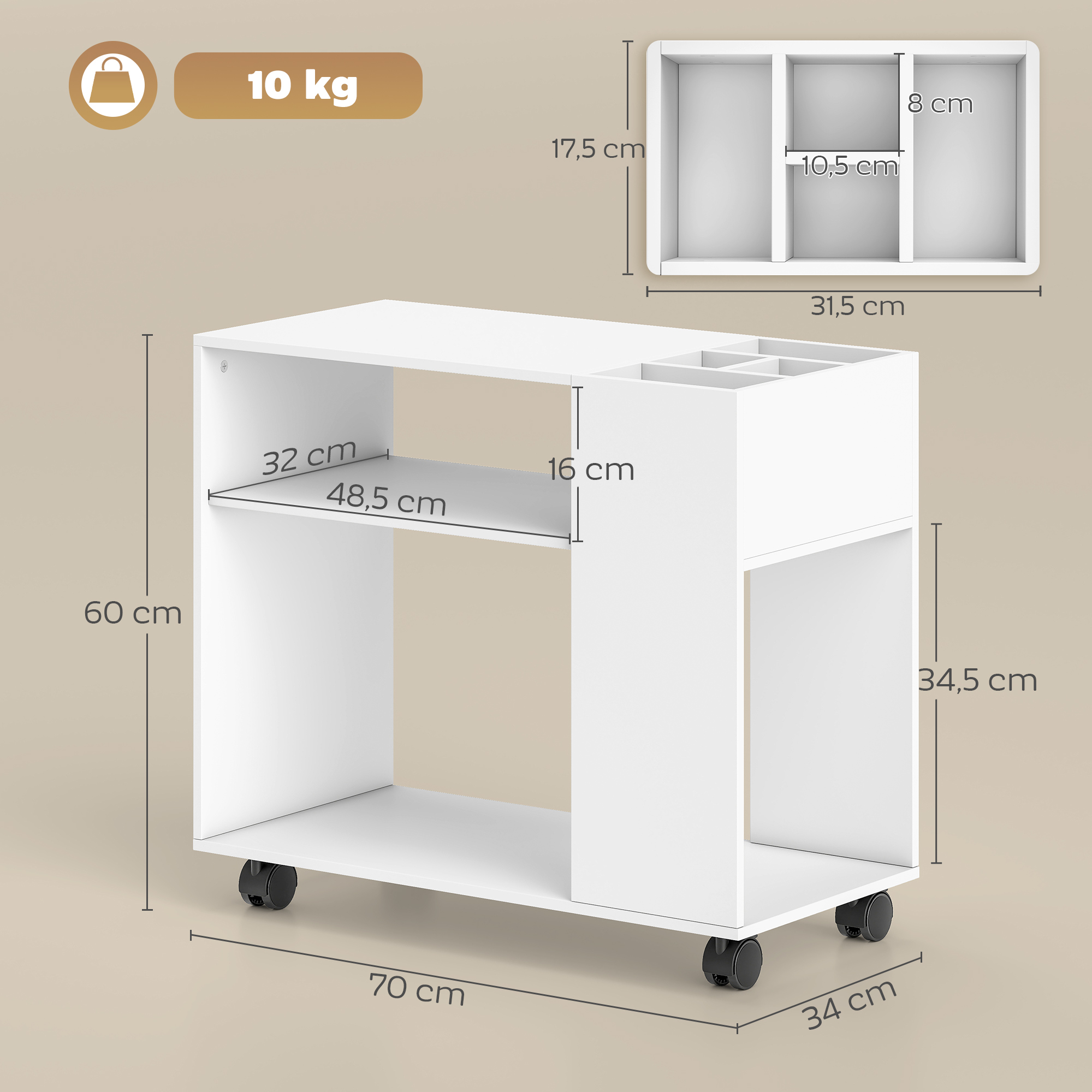 Druckerständer Druckertisch mit Unterteiltem Fach, Ablageflächen für Büro 70 x 34 x 60 cm Weiß
