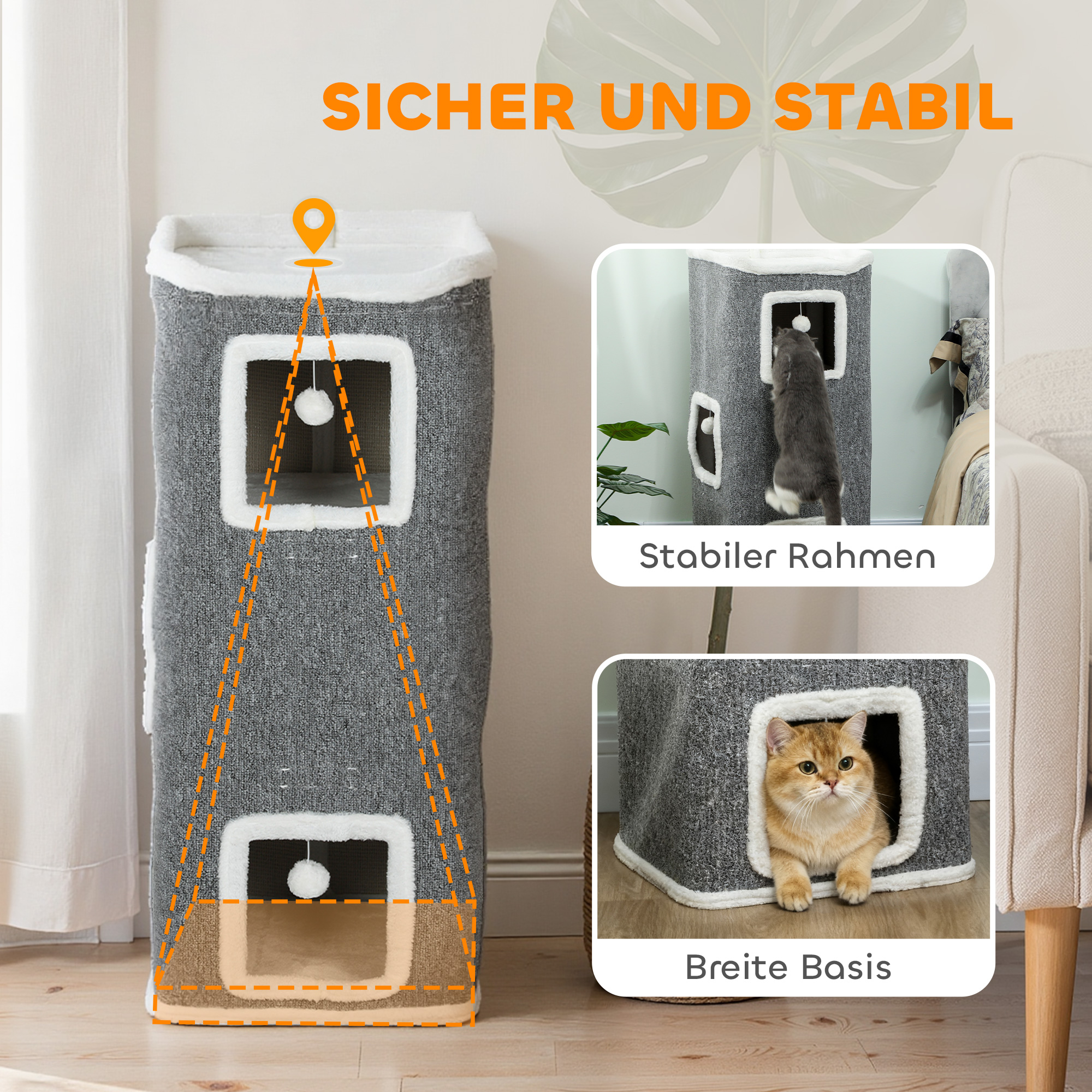 4-stufiger Katzenturm, Kratzbaum mit 3 Höhlen, Spanplatte, Spielbälle, Grau