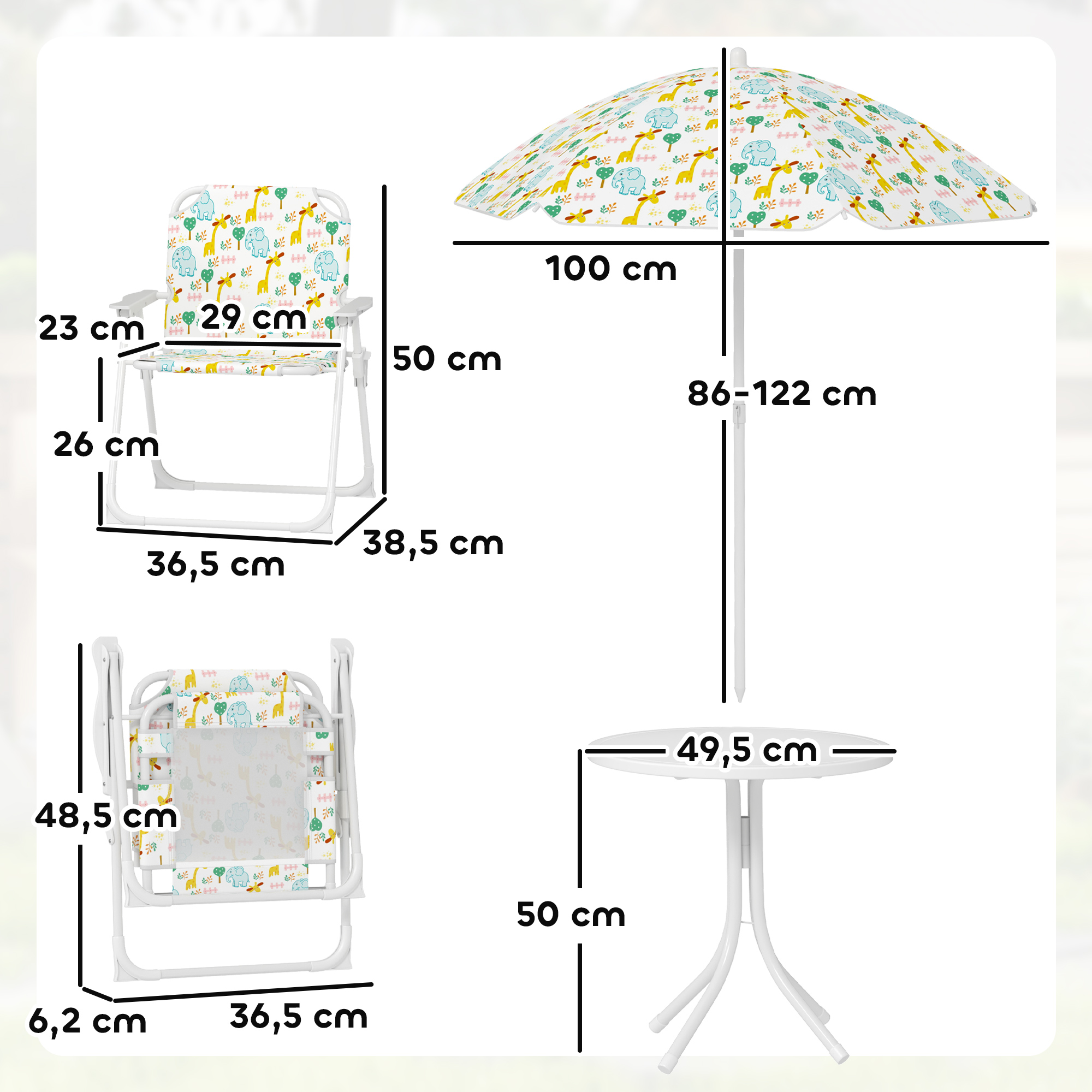 Kinder-Sitzecke, Klappstuhl-Sitz-Set mit Sonnenschirm, Buntes Muster, Weiß