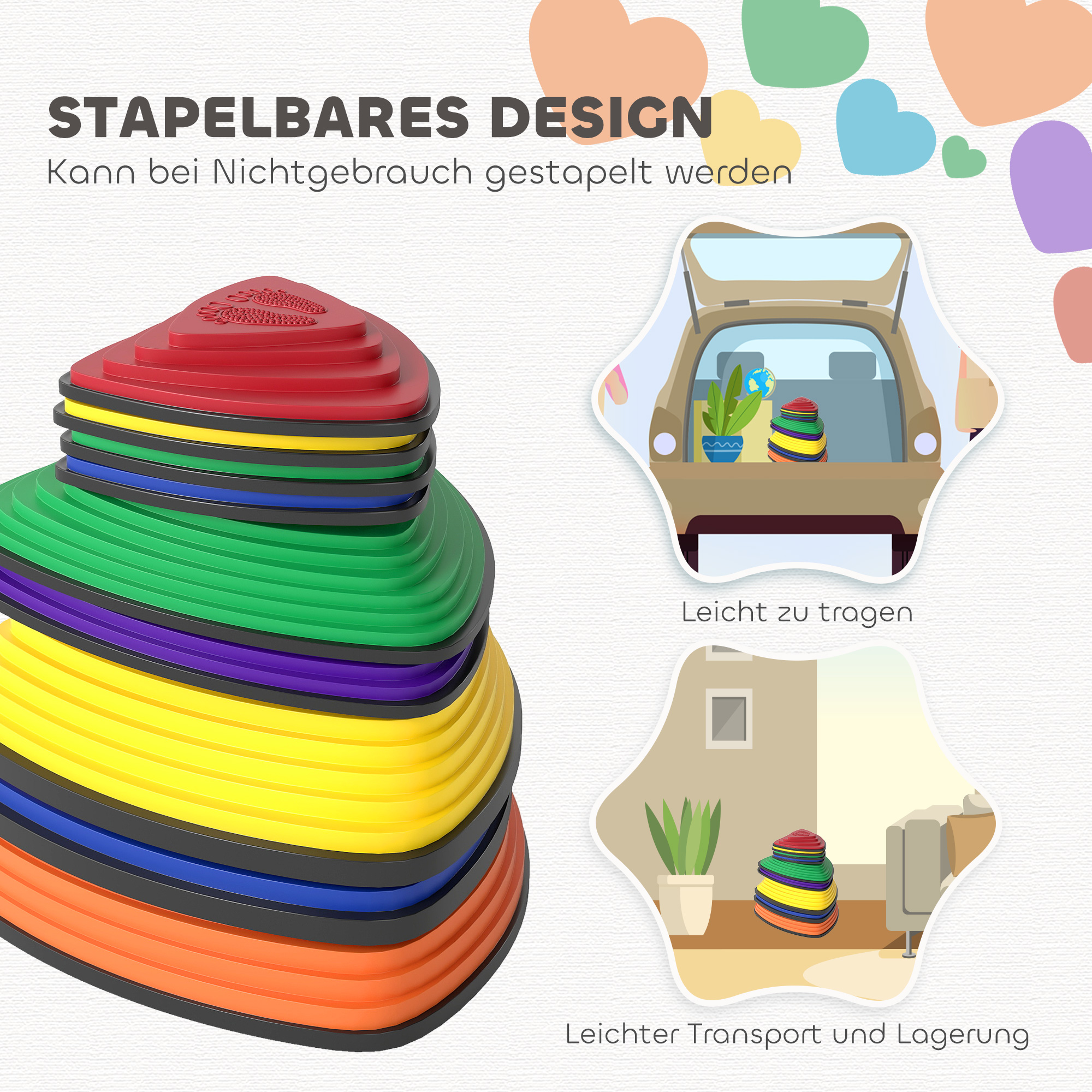9er-Set Trittsteine, rutschfestes Design, für drinnen & draußen, stapelbar, Bunt