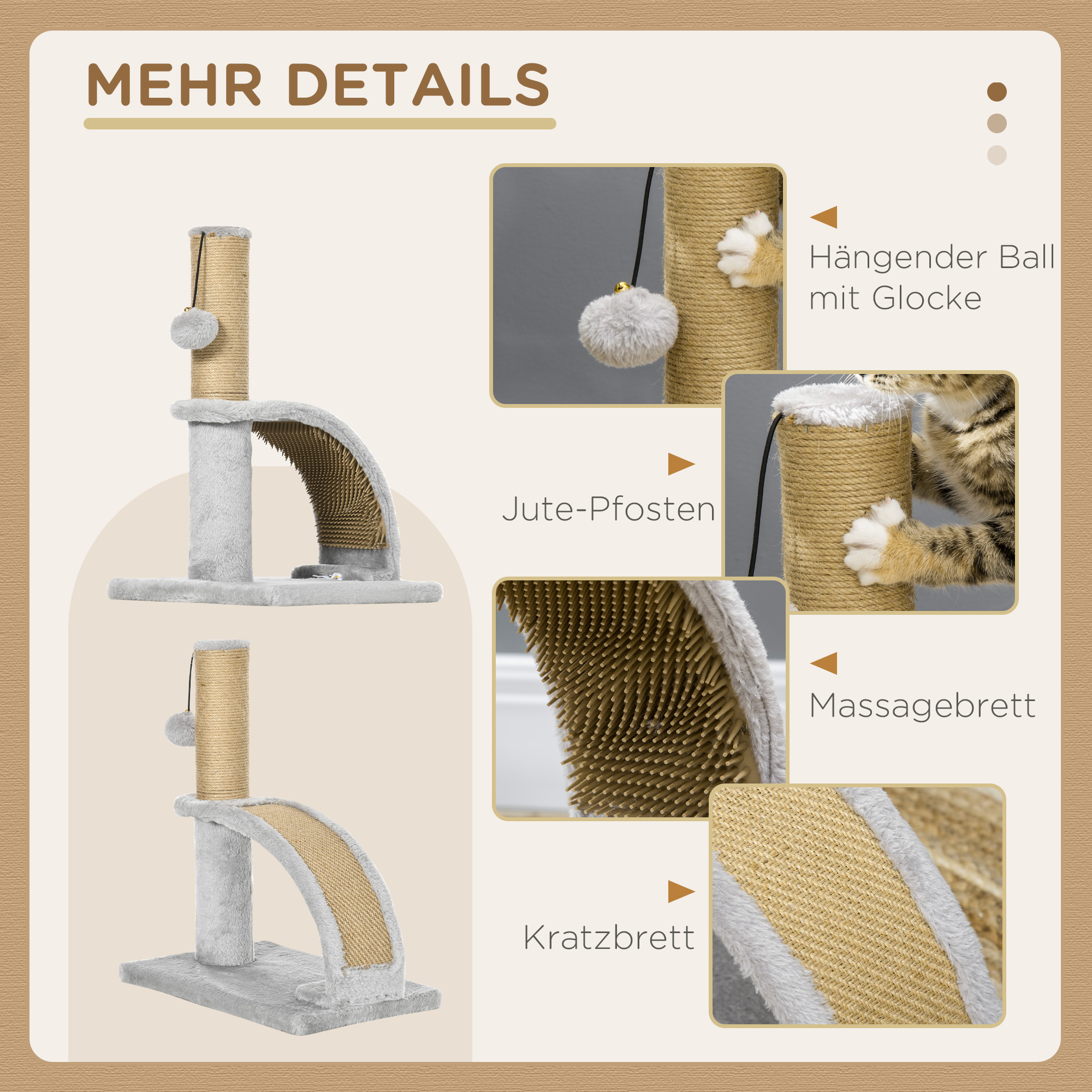 Katzenkratzbaum, Jutebespannung, hängende Kugel mit Glocke, Kratzbrett, 34L x 24B x 43H cm, Grau