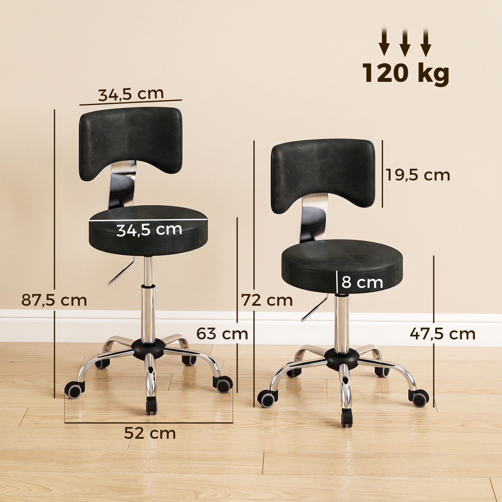 Rollhocker, höhenverstellbarer Salonstuhl aus PU-Leder mit Polstersitz, Rückenlehne und Rollen, Schwarz