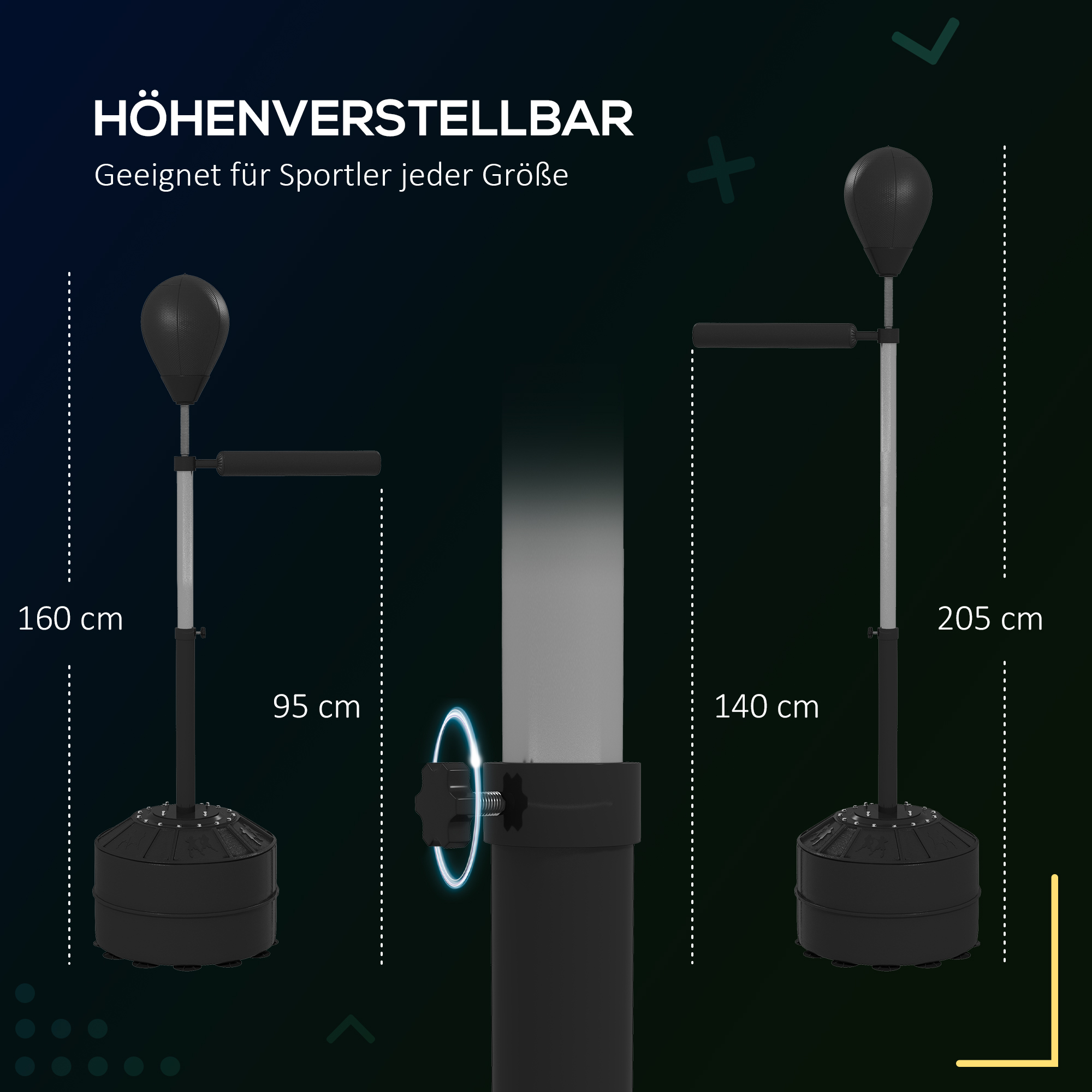 Punchingball mit Reflexstange, höhenverstellbar 160-205 cm, befüllbare Basis, inkl. Luftpumpe, Schwarz