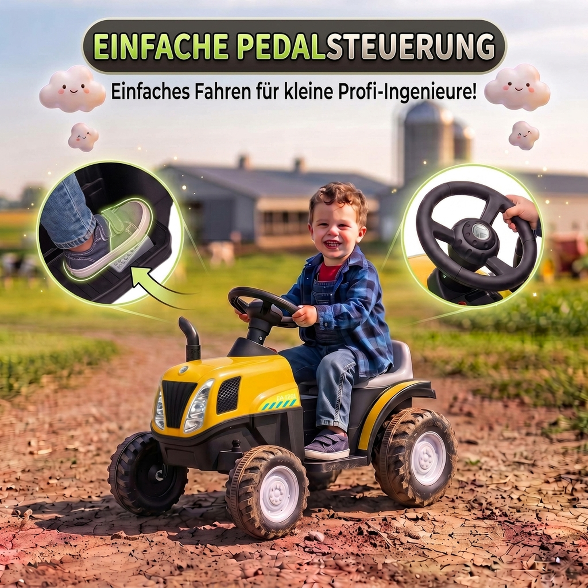 Kinder Traktor mit abnehmbar Anhänger Aufsitztraktor mit Lithium-Akku Fußpedal, Musik, Hupe Licht, Gelb