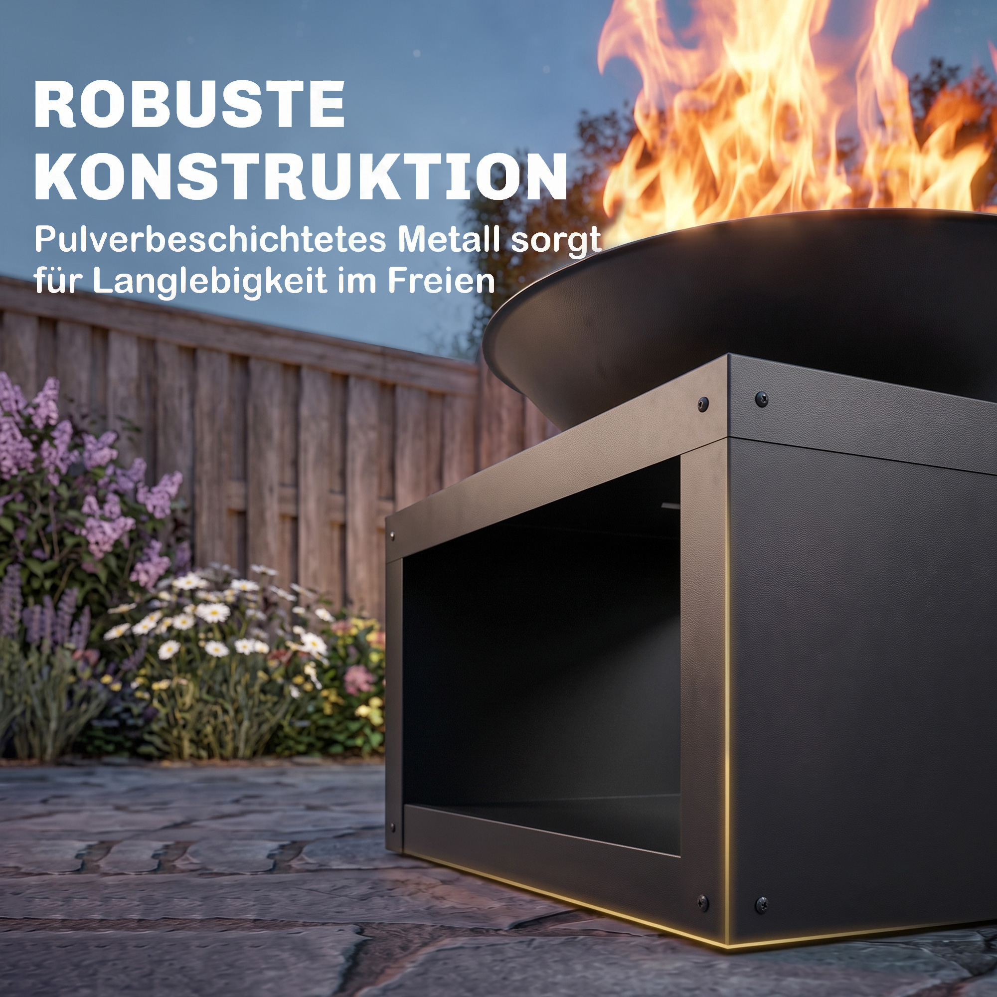 Feuerschale Ø59 cm Feuerstelle mit Holzablage, Schürhaken, Holz & Kohle nutzbar, Rund Schwarz