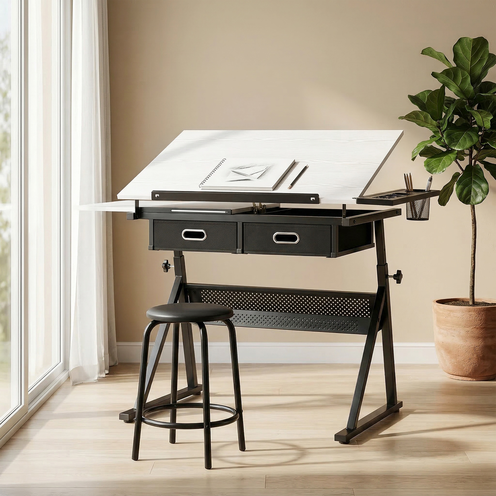 höhenverstellbarer Zeichentisch, Arbeitstisch mit Hocker und Schubladen, Weiß