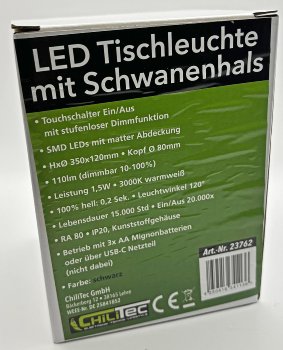 LED Tischleuchte mit Schwanenhals, Batterie, dimmbar, warmweiß, Schwarz
