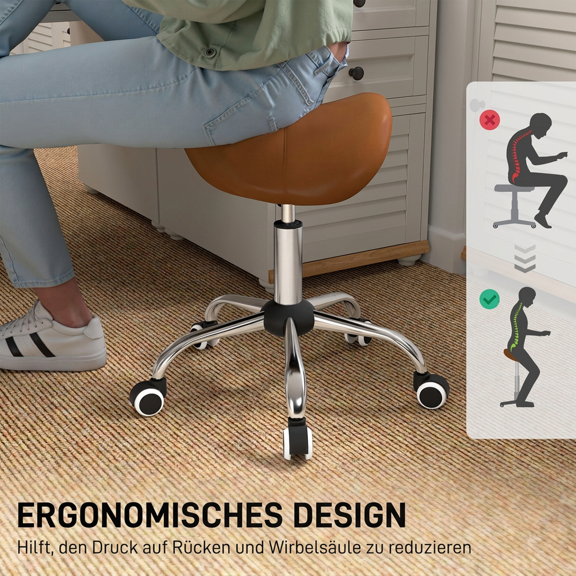 Rollhocker höhenverstellbar Drehhocker 49-61 cm Arbeitshocker drehbar Sattelhocker für Büro Salon Massage Spa Braun