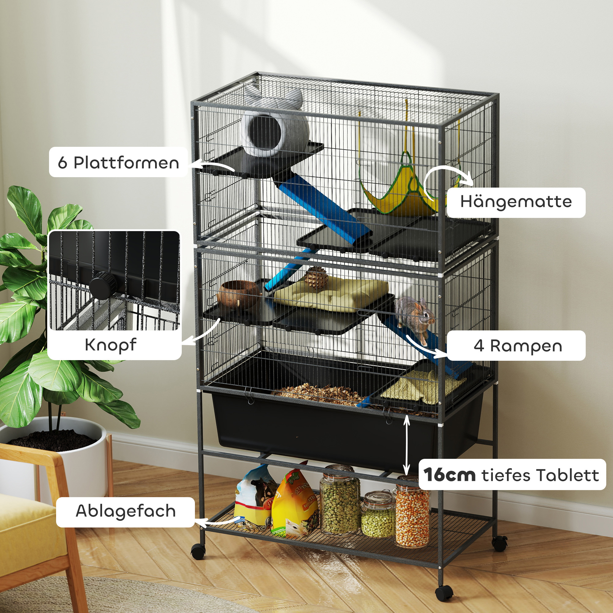 Kleintierkäfig, Haustierkäfig mit 5 Ebenen, Rutschfeste Rampen, Hängematte, 88 x 48 x 150,5 cm, Dunkelgrau
