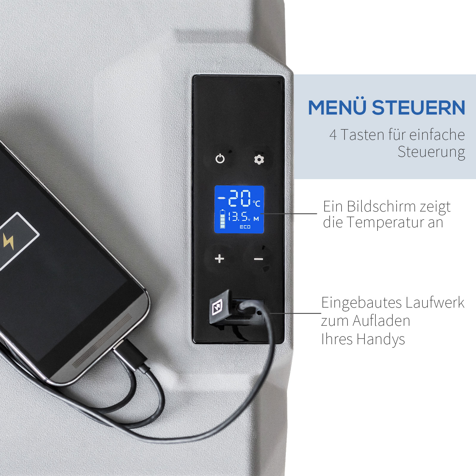 Autokühlschrank, Kühlbox, 50L, bis -20° C, Touch-Display, 2 Räder, Teleskopgriff, 58,6 x 37,8 x 54,5 cm, Grau