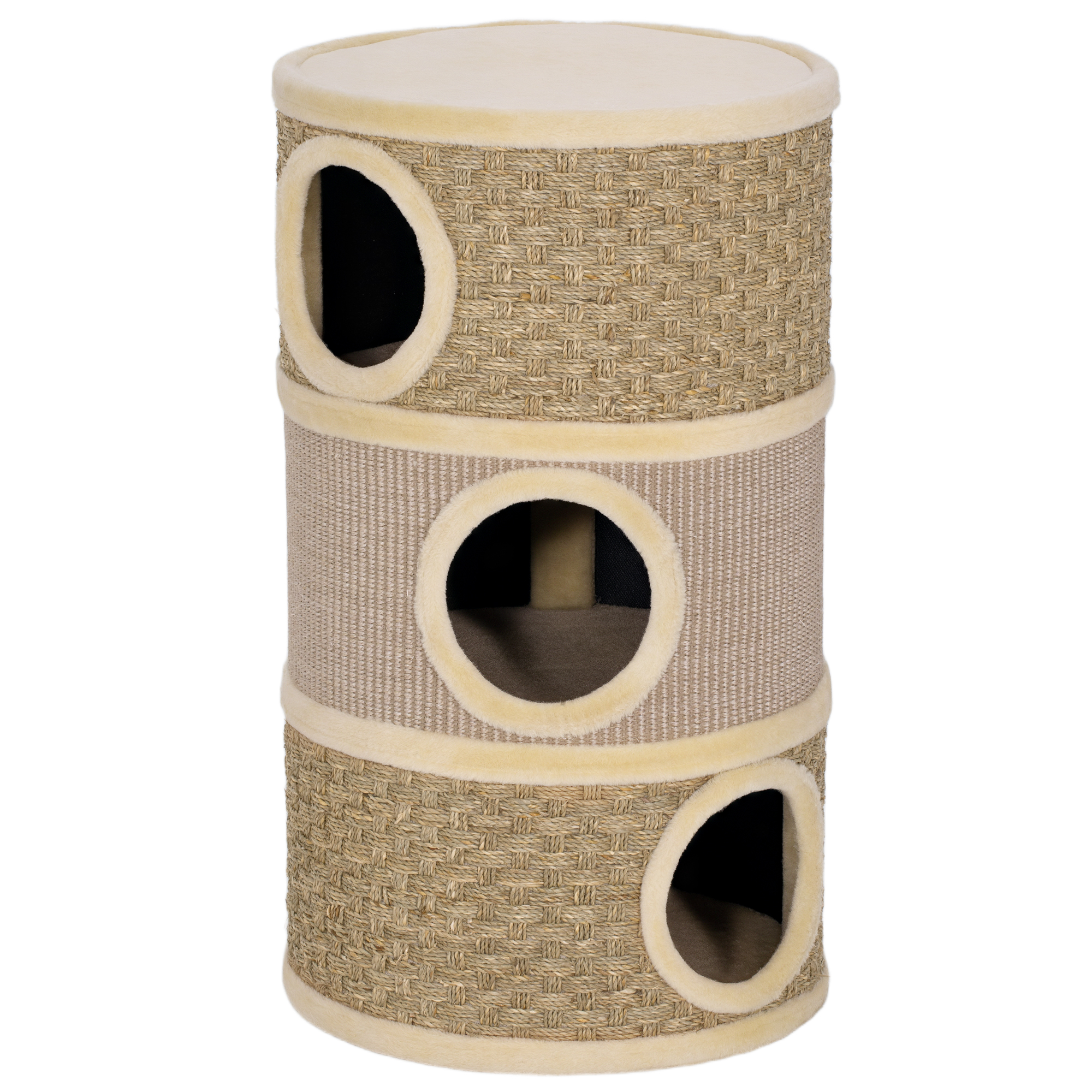 Kratztonne, 79 cm hoch, Ø45 cm, dreistöckige Katzentonne mit Sisalseil, Katzenhöhle, für große Katzen, Khaki+Braun