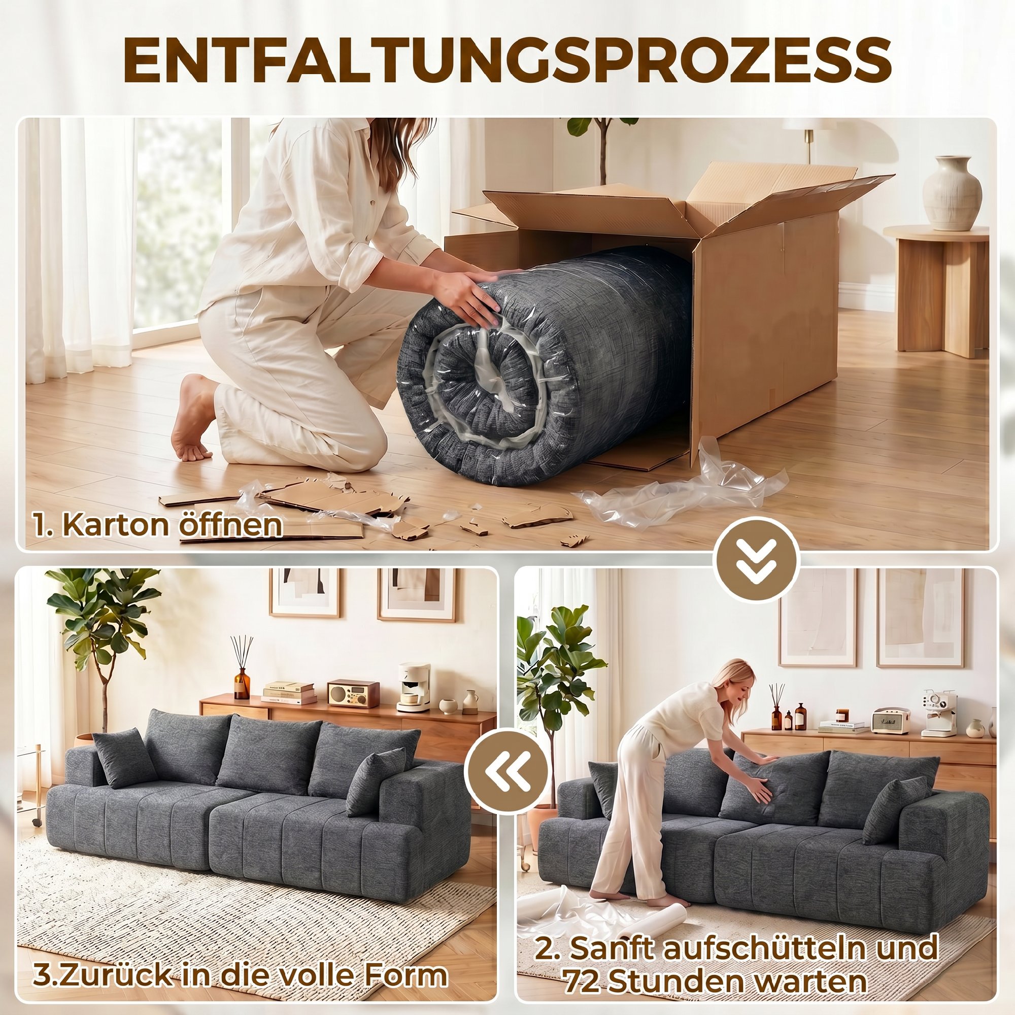 3-Sitzer-Sofa, Cloud-Sofa aus Chenille mit dicker Federkernpolsterung, breiter und tiefer Sitzfläche, breiten Armlehnen, Kissen, grau