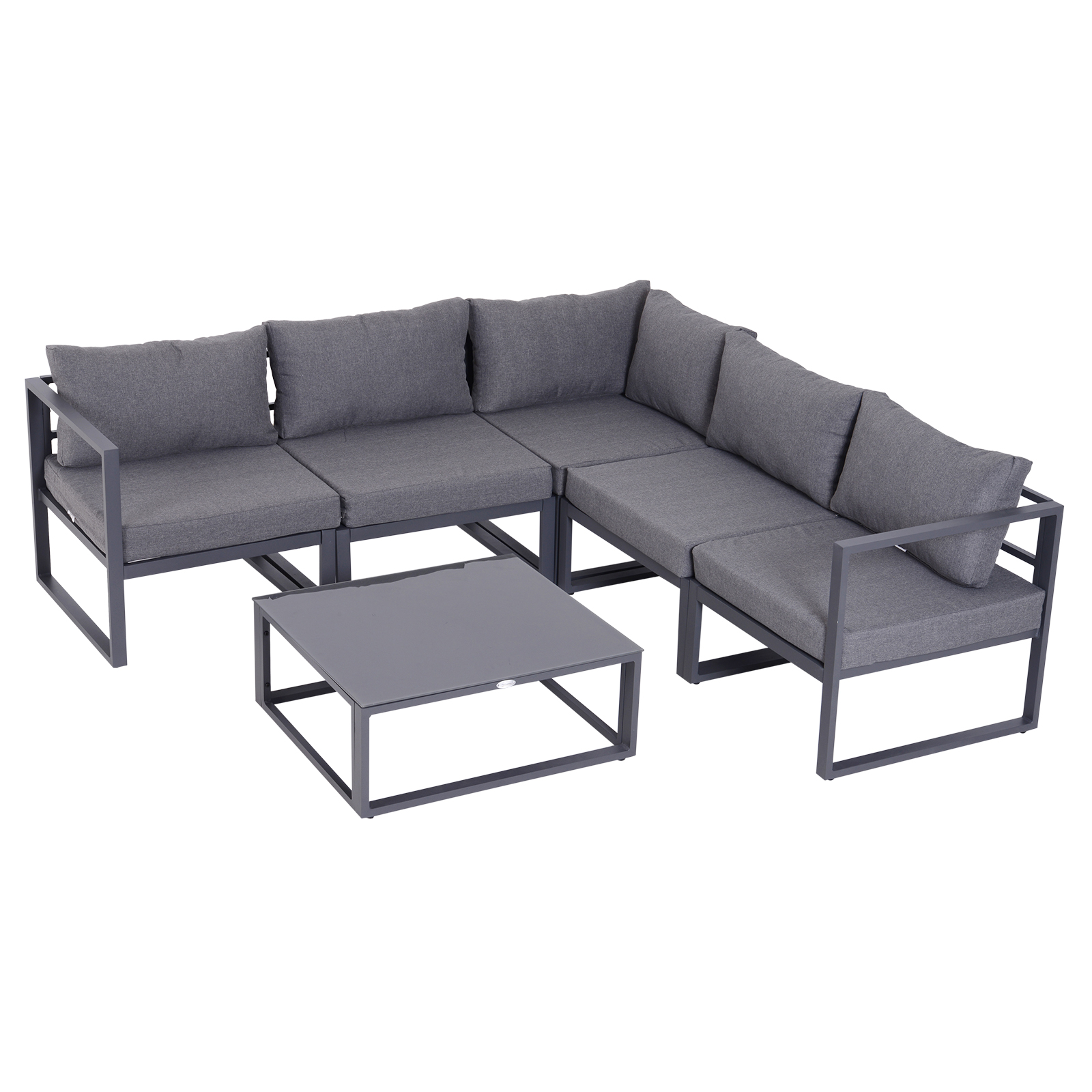 6-tlg. Gartengarnitur Gartenset Gartensofaset Sitzgruppe Gartenmöbel Alu+ Polyester + Hartglas Grau 4 x Sessel 1 x Ecksofa 1 x Beistelltisch Kissen für 4–5 Personen