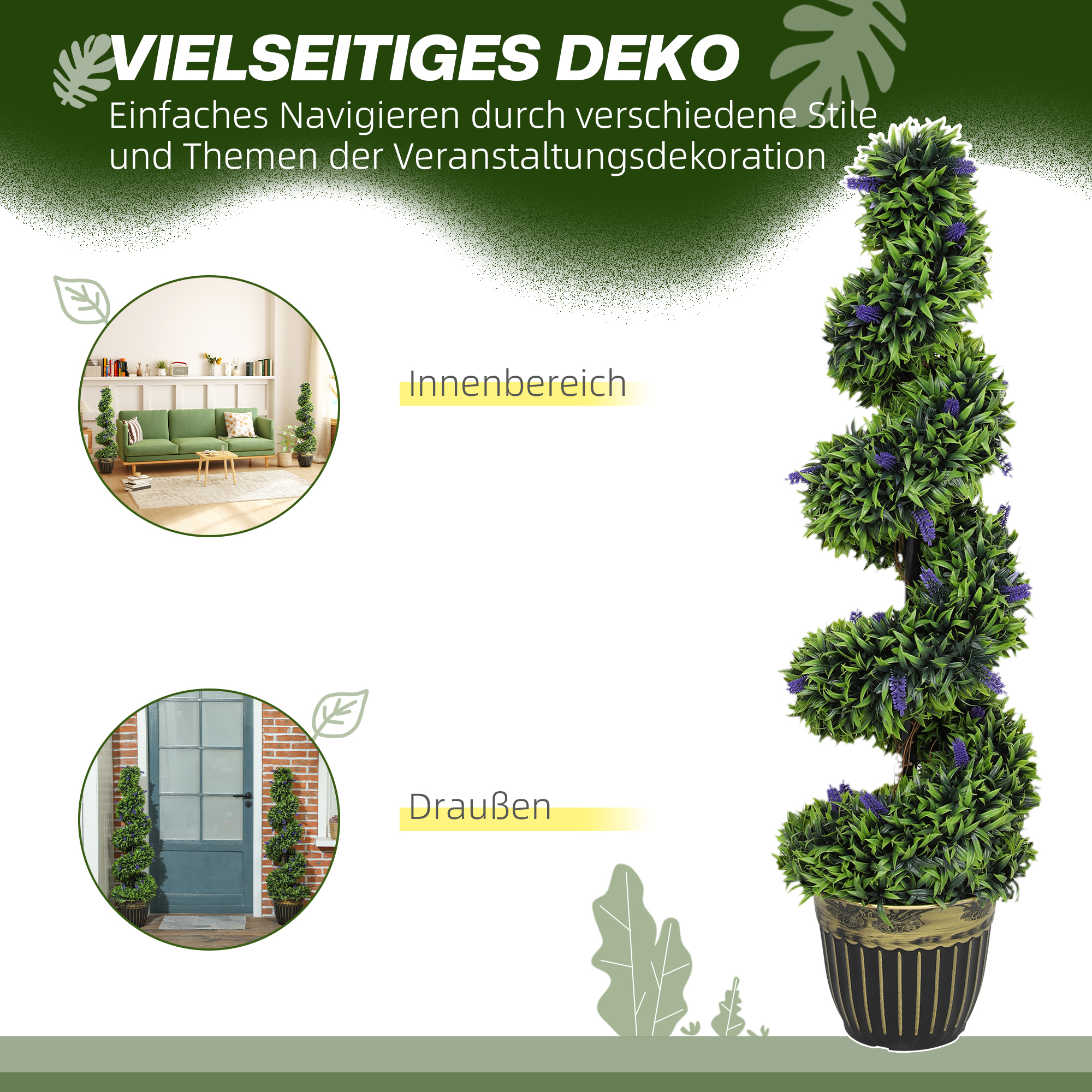 2-teiliges Kunstpflanzen-Set, Spiral-Design, Zementsockel, Grün