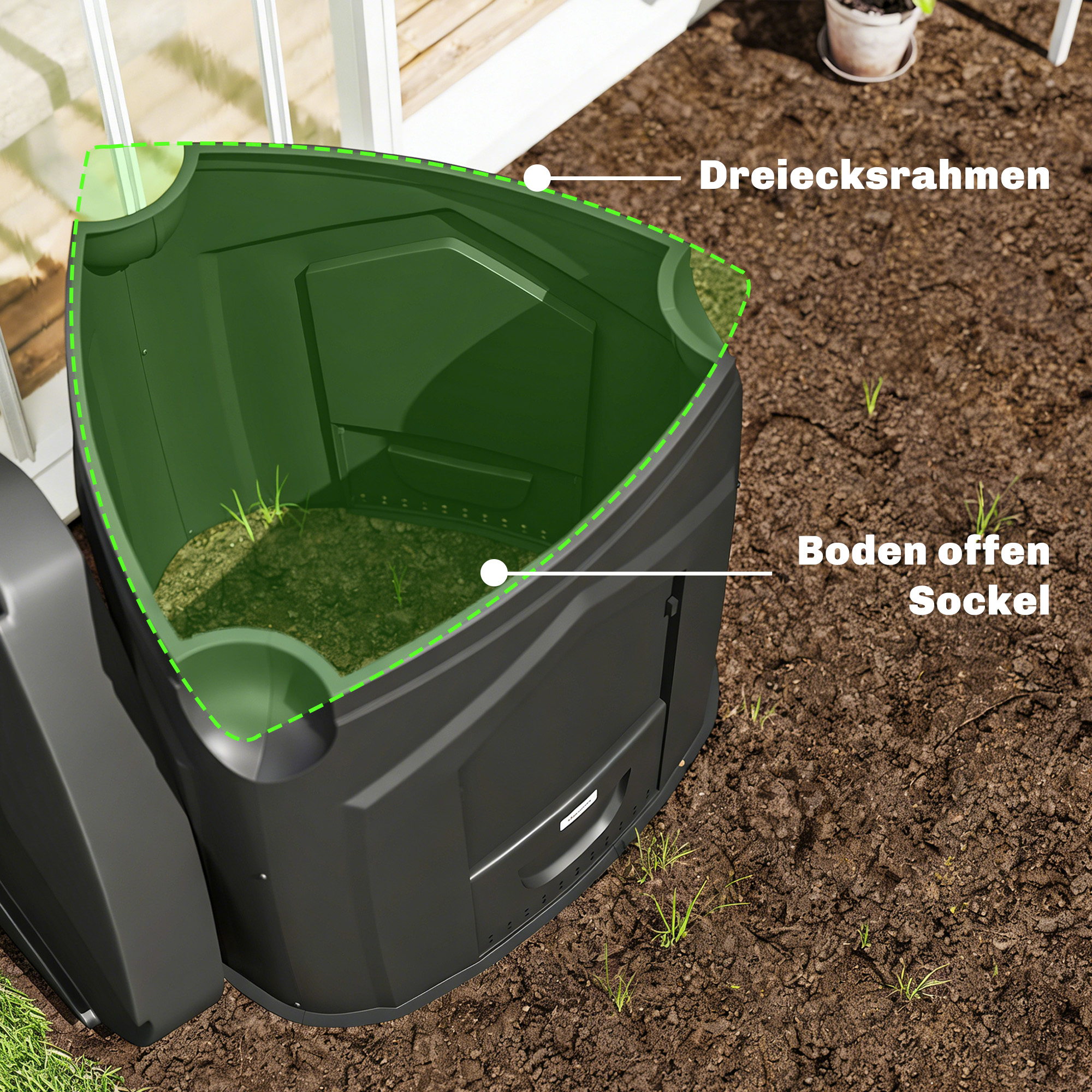 240L Gartenkomposter, Dreieckiger Kompostbehälter mit 3 Türen, Schwarz