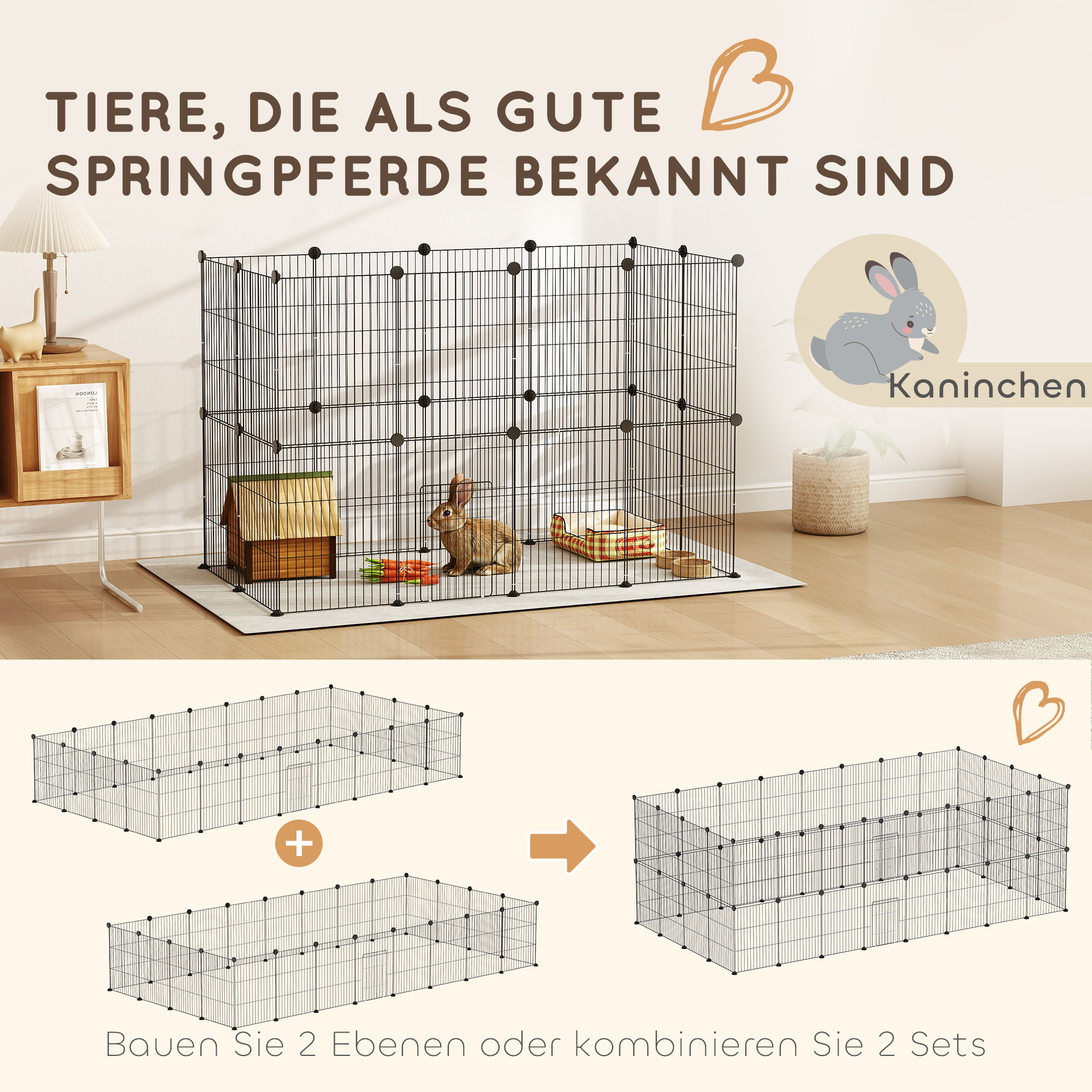 Kleintierkäfig, Außengehege, modulare Bauweise, 0,72 m² Fläche, Stahl, Schwarz