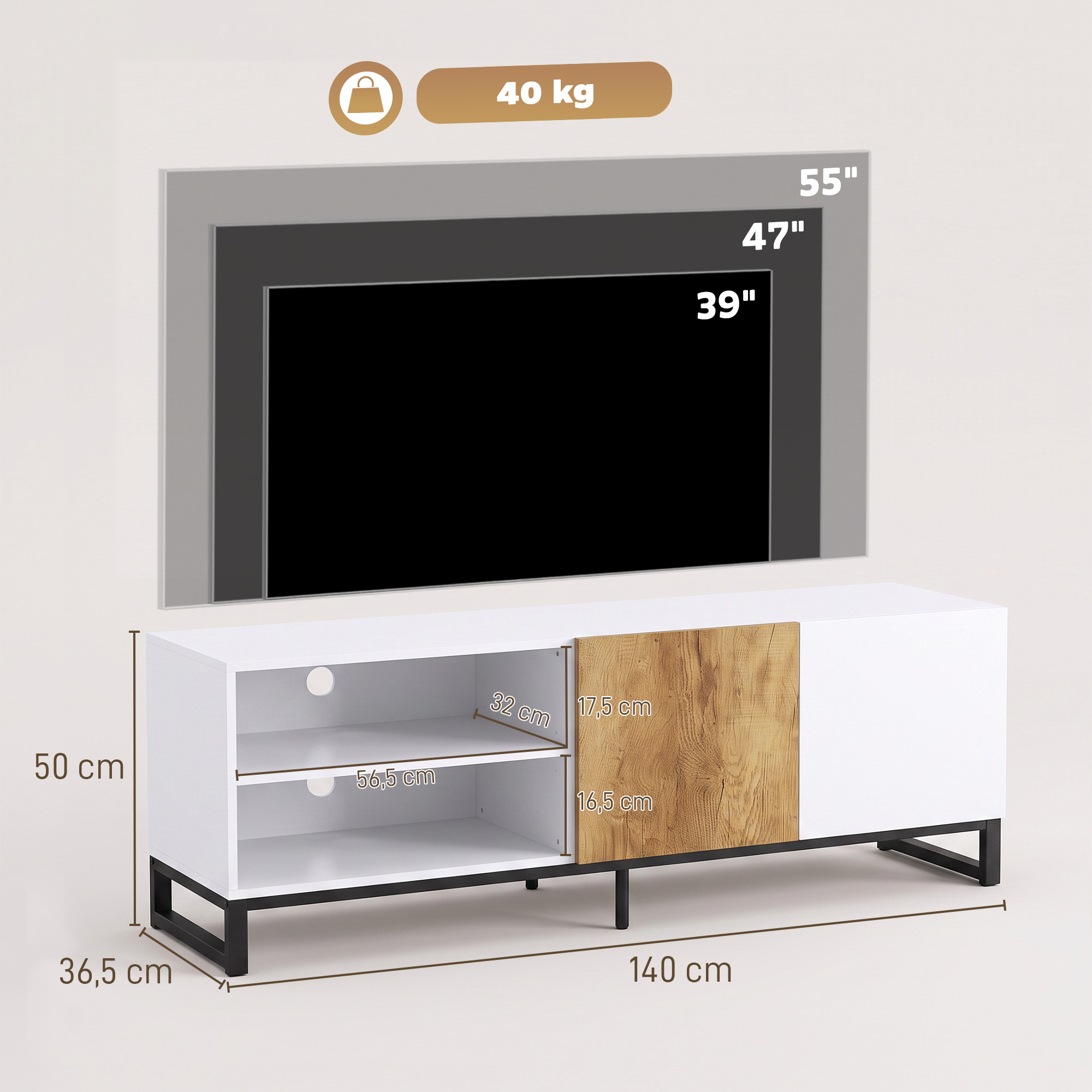 TV-Schrank für Fernseher bis 55 Zoll, modernes TV-Lowboard mit verstellbaren Einlegeböden, Weiß