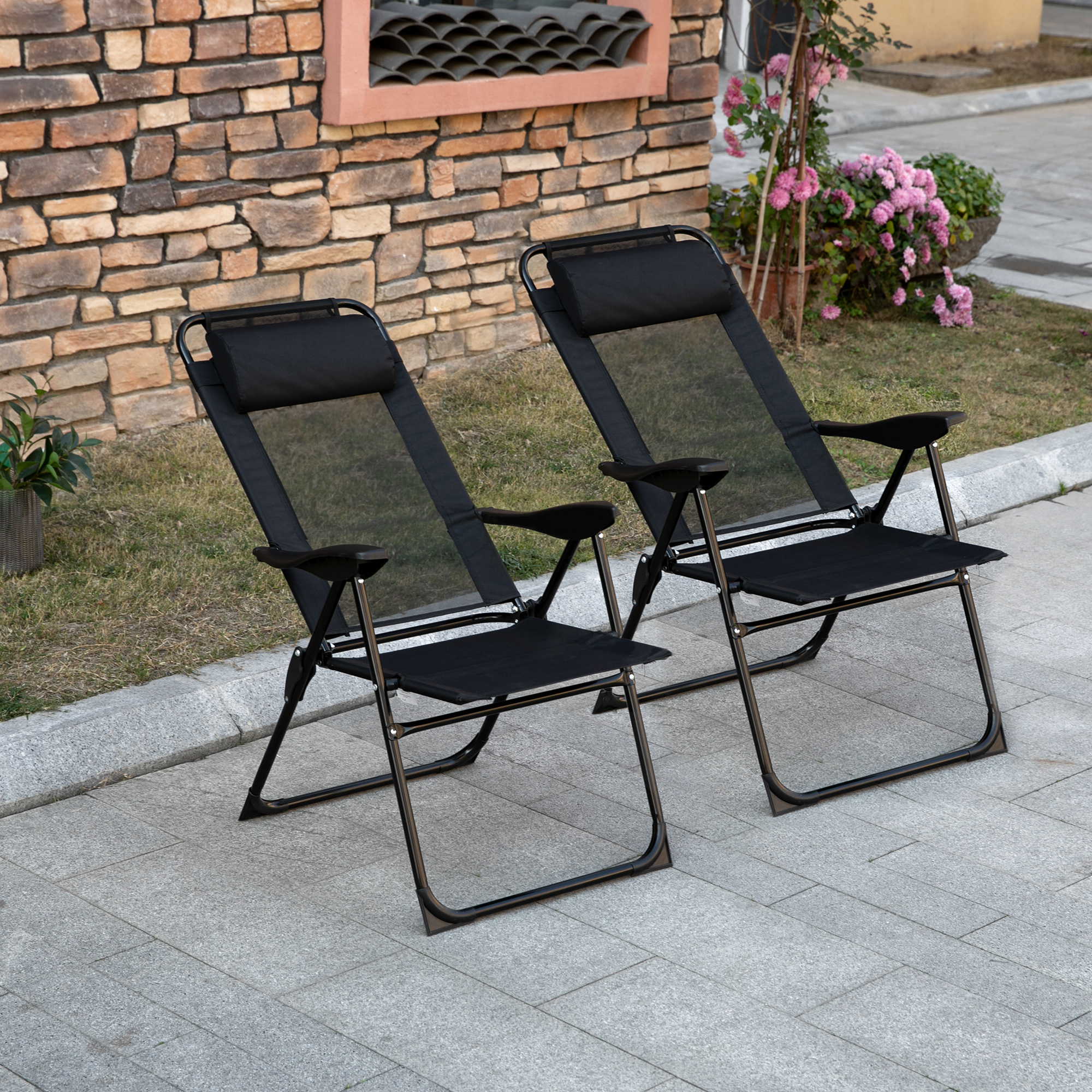 Klappstuhl 2er-Set, Klappliege, wetterfest, 5-fach verstellbare Rückenlehne, Metallgestell, Schwarz