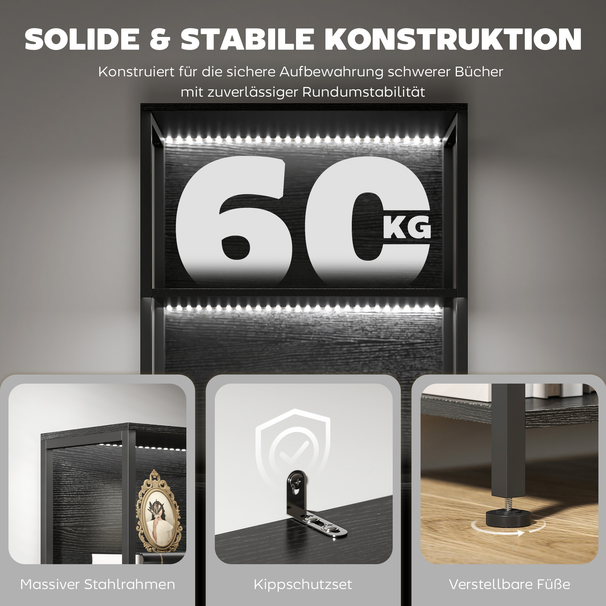 Bücherregal mit 5 Ebenen Standregal mit LED-Beleuchtung, 7 Lichtfarben, für Wohnzimmer, 60 x 30 x 179 cm Schwarz