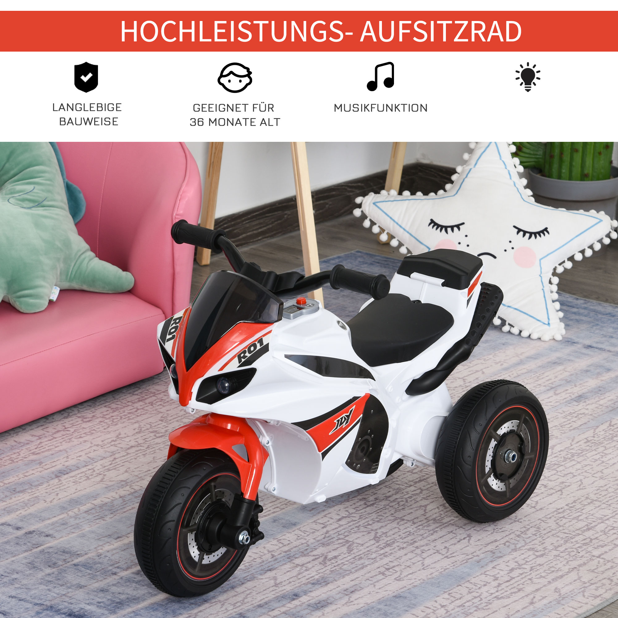Laufrad, Rutscher, Kindermotorrad, 18-36 Monate, Musik/Licht, bis 20 kg, Weiß/Rot