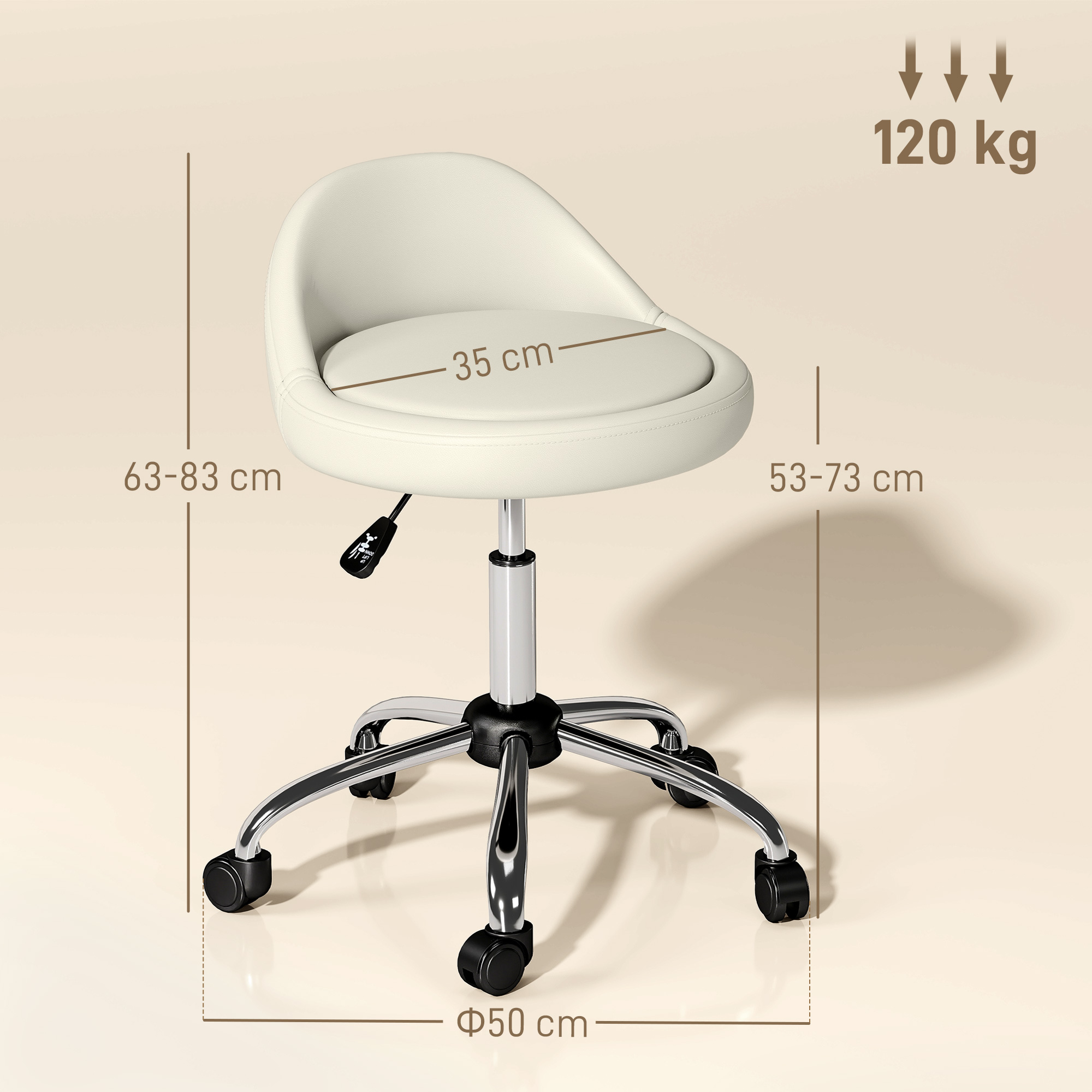 Arbeitshocker Drehhocker Rollhocker, höhenverstellbar, drehbare Sitzfläche, 50cm x 50 cm x 83 cm, Weiß
