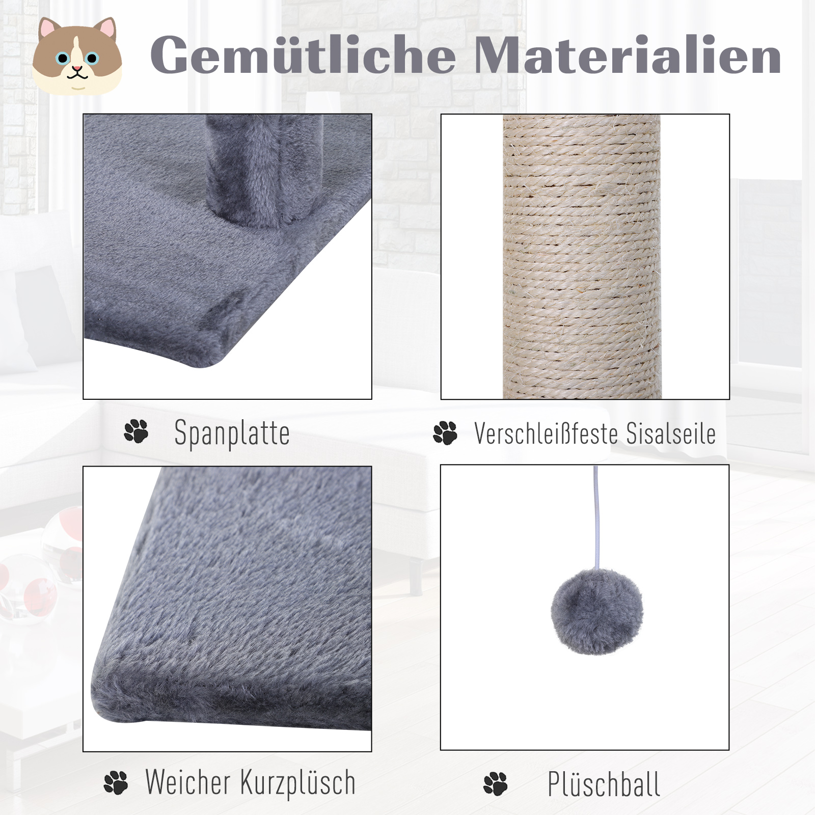 Kletterbaum Katzenbaum Kratzbaum mit Sisalsäule Plüsch-Hängematte Spanplatte Grau 50 x 36 x 70 cm