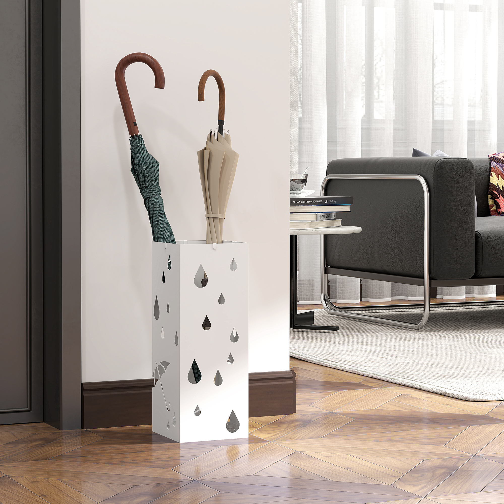 Schirmständer, 4 Haken, Tropfschale, Stahl, Weiß
