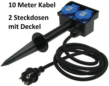 Gartensteckdose mit Erdspieß, 2-fach / IP44, 10m Kabel