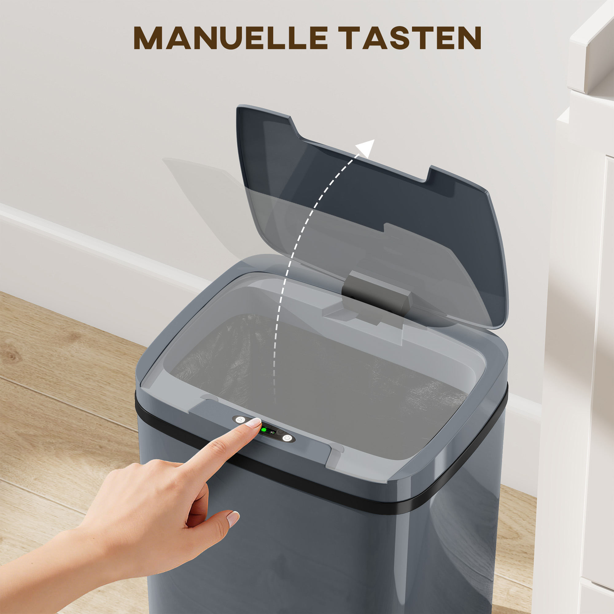 Sensor Mülleimer 15l Automatischer Mülleimer mit zwei Öffnungsmodi, für Büro, Küchen, 27,6 x 21,4 x 33,5 cm, Grau