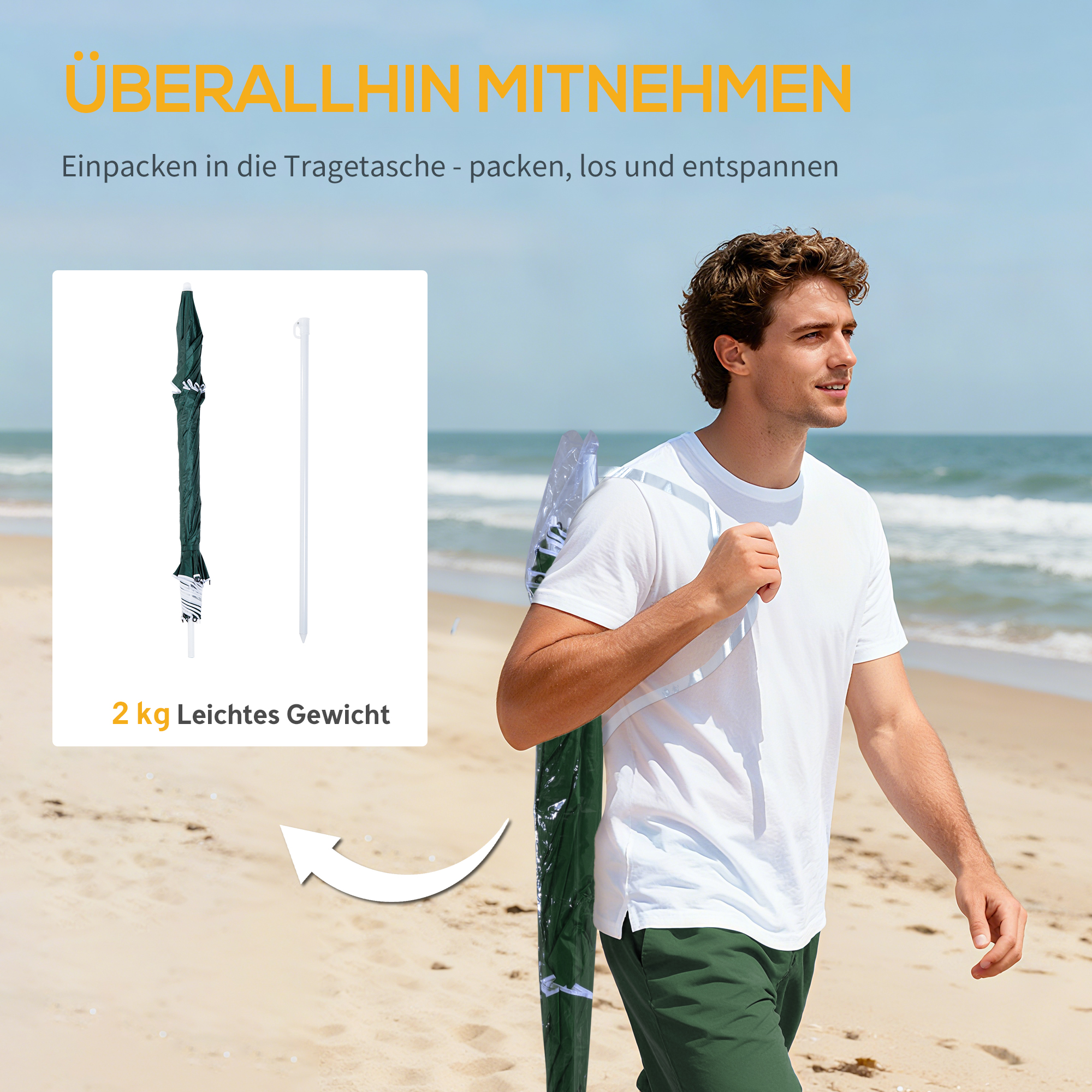 2 in 1 Sonnenschirm Strand Ø 210 cm UPF 50+ windfest Strandschirm mit Seitenwänden Tragtasche Balkon-Schirm faltbarer Gartenschirm Sonnenschutz für Reisen, Strand, Balkon Camping Dunkelgrün